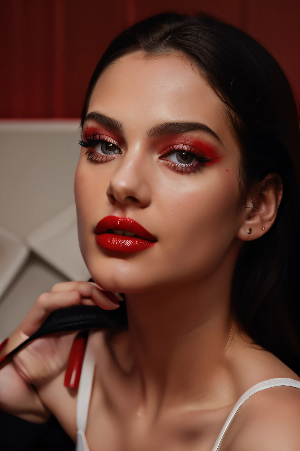Woman's red bloody lips close-up, art design, minimalistic, photo realism, cinematic, 8k, trending on Artstation