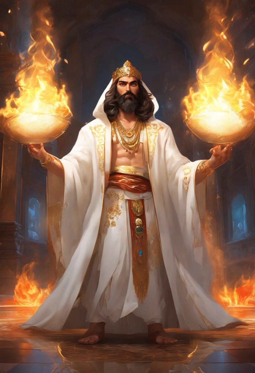 An Indian king, with gold crown, big blue jewel on the crown, big white mustache, big white beard, big fire sword, white dress, wearing a lot of gold ornaments, serval bodyguards in the back, water reflections on the floor (Professional 3D rendering:1.3) by (Realistic:1.3) World's most beautiful art picture, Features soft, dark complexation male heroes, ((Epic hero fantasy rough muscular man wet hero surprised look long hair long beard and shocked expression in dynamic pose, wearing a white robe, inside a big kingdom, burning fire in the background, majestic environment)), full body 8k unit render, action shot, skin pores, very dark lighting, heavy shading, detailed, Detailed face, (vibrant, photorealistic, Realistic , Dramatic, Dark, sharp focus, 8k), (white cloths with heavy jewelry r:1.4), (intricate:1.4), decayed, (highly detailed:1.4), painting digital, rendering by octane, art stations, Concept-Art, smooth, sharp focus, illustration, germ of art, (Loish:0.23), Wlop Ilya Kuvshinov, and Greg Rutkowski and Alphonse Mucha Gracias, (global illumination, studiolight, Light Volumetric ), heavy rain, floating particles, scoundrel, fantasy, Eleven, full bodyesbian, ((Dark old city background:1.3)),CGSesociedade,art stations
