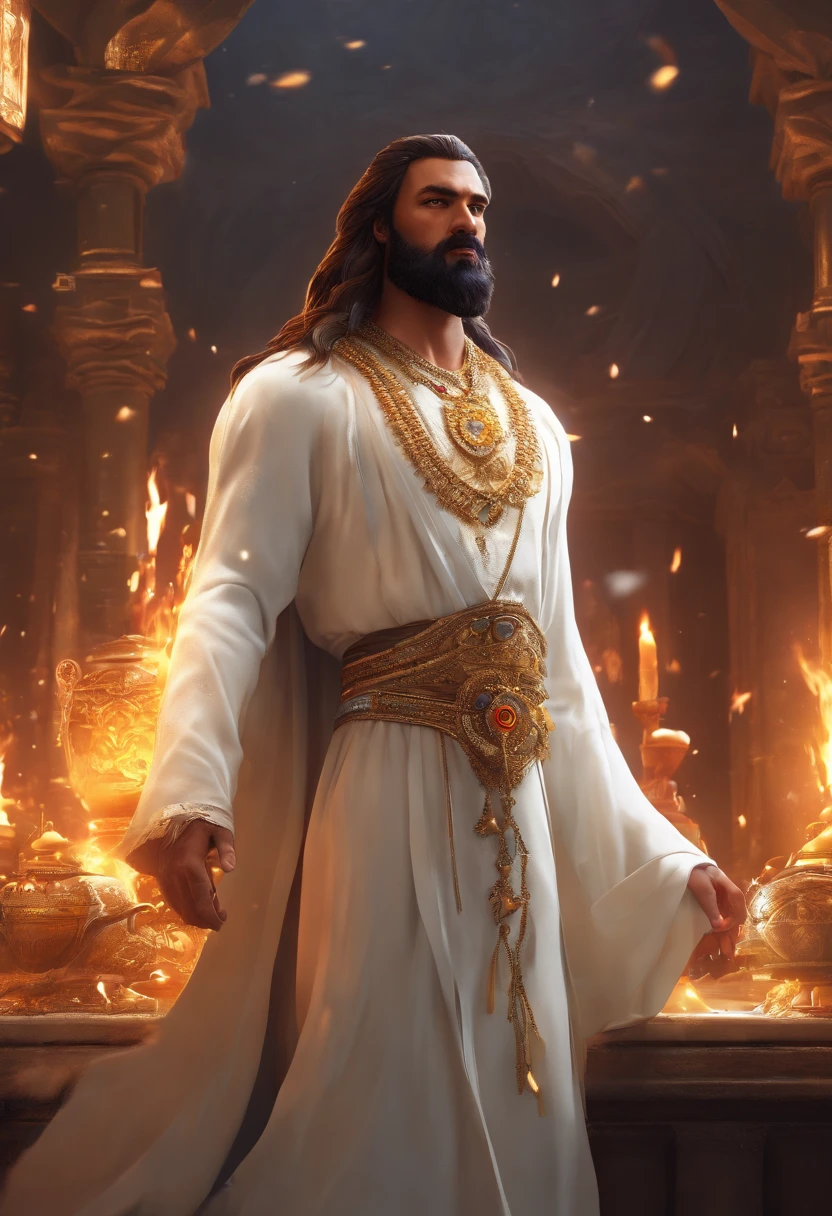 An Indian king, with gold crown, big blue jewel on the crown, big white mustache, big white beard, big fire sword, white dress, wearing a lot of gold ornaments, serval bodyguards in the back, water reflections on the floor (Professional 3D rendering:1.3) by (Realistic:1.3) World's most beautiful art picture, Features soft, dark complexation male heroes, ((Epic hero fantasy rough muscular man wet hero surprised look long hair long beard and shocked expression in dynamic pose, wearing a white robe, inside a big kingdom, burning fire in the background, majestic environment)), full body 8k unit render, action shot, skin pores, very dark lighting, heavy shading, detailed, Detailed face, (vibrant, photorealistic, Realistic , Dramatic, Dark, sharp focus, 8k), (white cloths with heavy jewelry r:1.4), (intricate:1.4), decayed, (highly detailed:1.4), painting digital, rendering by octane, art stations, Concept-Art, smooth, sharp focus, illustration, germ of art, (Loish:0.23), Wlop Ilya Kuvshinov, and Greg Rutkowski and Alphonse Mucha Gracias, (global illumination, studiolight, Light Volumetric ), heavy rain, floating particles, scoundrel, fantasy, Eleven, full bodyesbian, ((Dark old city background:1.3)),CGSesociedade,art stations