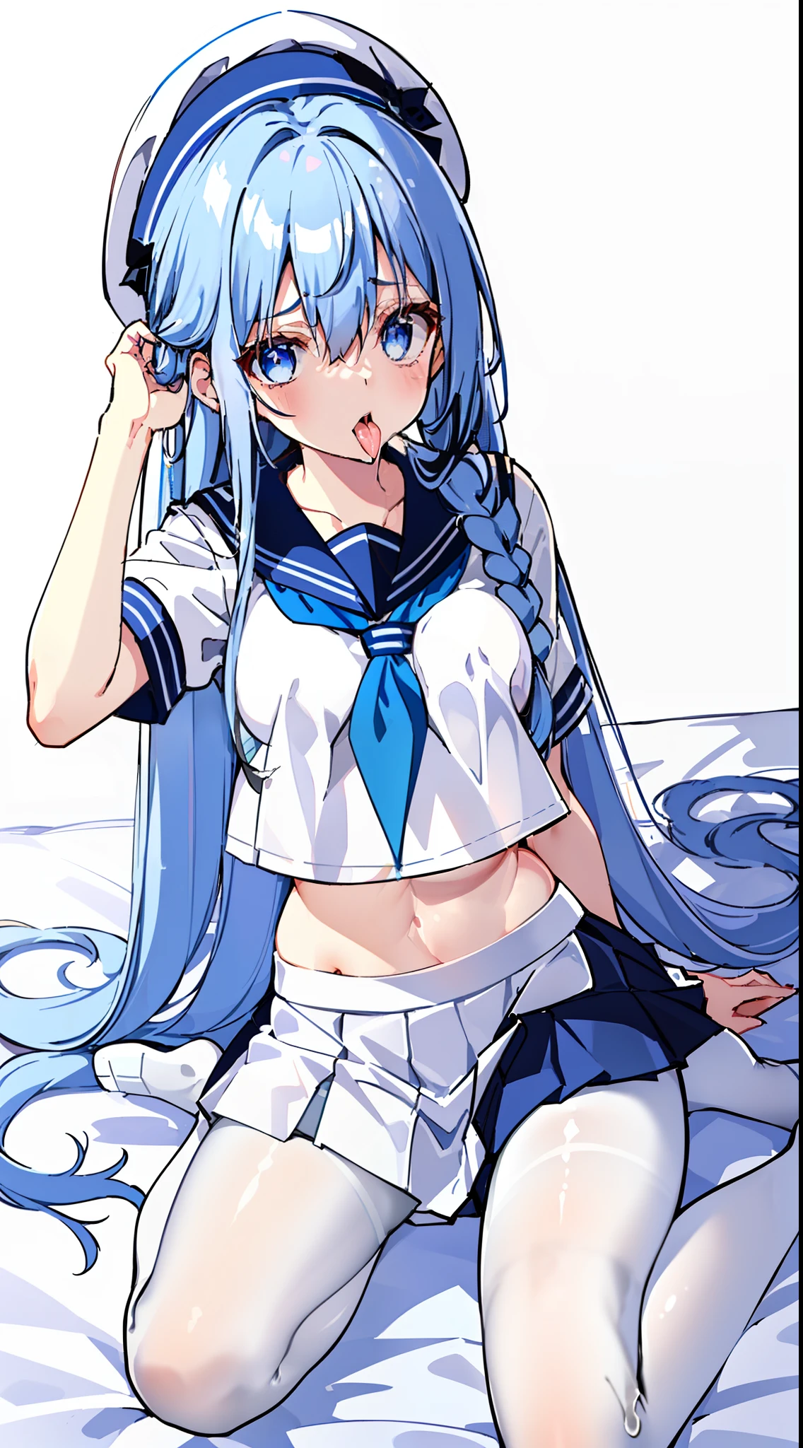 Cornflower Art, Dreamy, (Masterpiece, Top Quality, Perfect Anatomy, Beautiful Face, Realistic, Super Detailed, 1 Girl, 18 Ears Old Man, Solo, Depth of Field, Canon 24mm Lens, F1.4, cute_girl, sailor_ Collar, Clear Facial Features, Short Sleeves, Small, Slender Height, Height 150, Barefoot, Double Ponytail, Bangs, Gravure Pose, Indoors, Slouch, Chest gap jungle, blurred background, (Uwabaki: 1.1576)) whole body, clear liquid dripping from the crotch, the front of the shirt is exposed, breasts are visible, transparent bra, light blue striped buns, erotic, , NSFW movie, hentai,