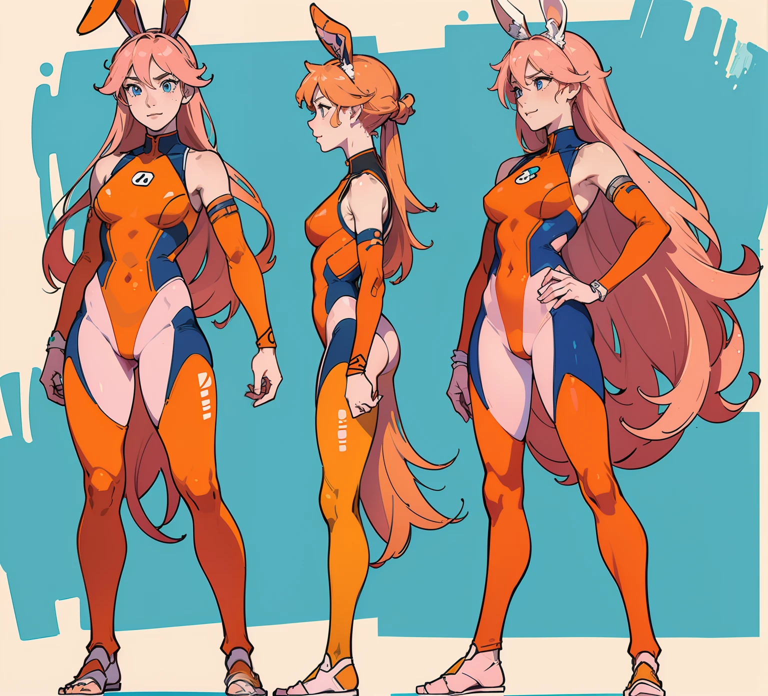 ((Best Quality)), ((Masterpiece)), ((Realistic)) tsuka kendou, 1woman, cute face, determined look, smile, long legs, full body, adult mature female (spiky orange-pink hair, (orange-pink mullet 1.1)), (very long hair), blue eyes, (white/yellow pupil,) hero, sleeveless blue spandex bodysuit, long orange-pink rabbit ears, desert oasis, tbcc illustration (((detailed character sheet, frontal view, side view, three quarter view))) (((white background))) 8 and a half heads full body