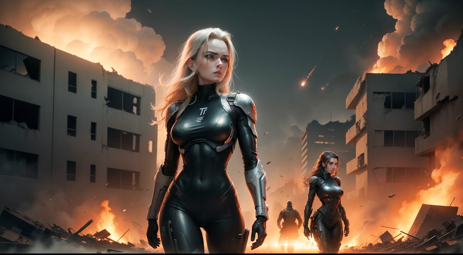 Poster with female cybernetic Terminator T-800 and futuristic taks in burning ruins of city destroyed by nuclear atack at night