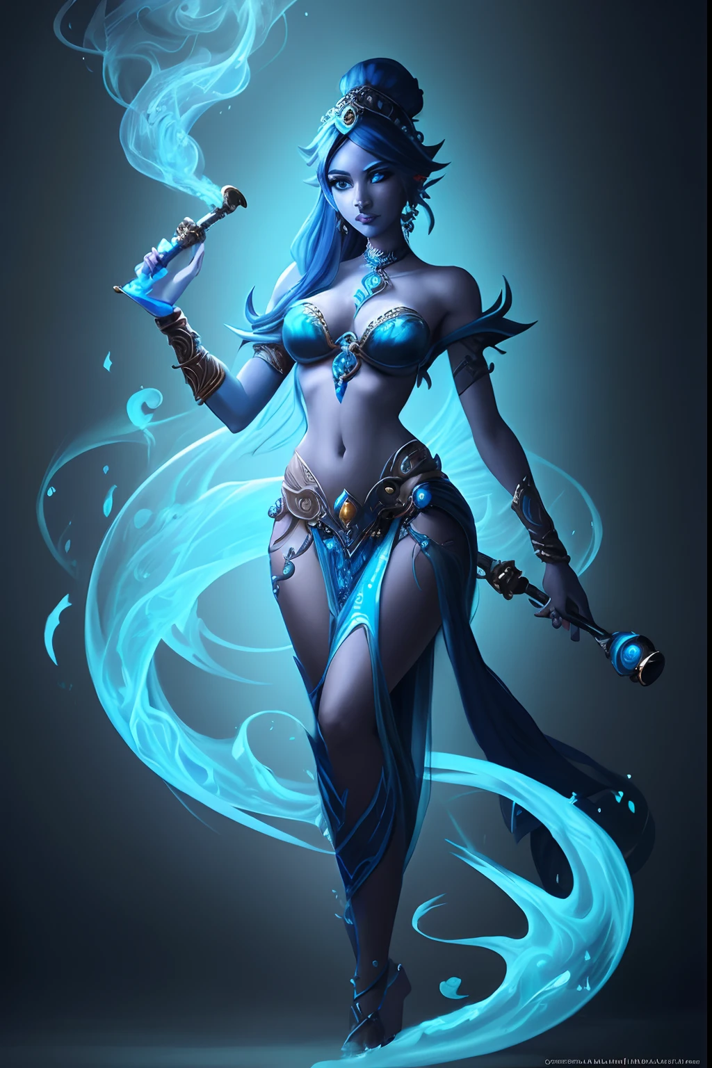 a painting of a full body woman with a hookah and a blue smoke, , detailed digital 2d fantasy art, beautiful genie girl, aesthetic!!!!!! female genie, blue djinn, djinn human hybrid, epic exquisite character art, spirit fantasy concept art, beautiful biomechanical djinn, dota 2 concept art, asian female water elemental --auto