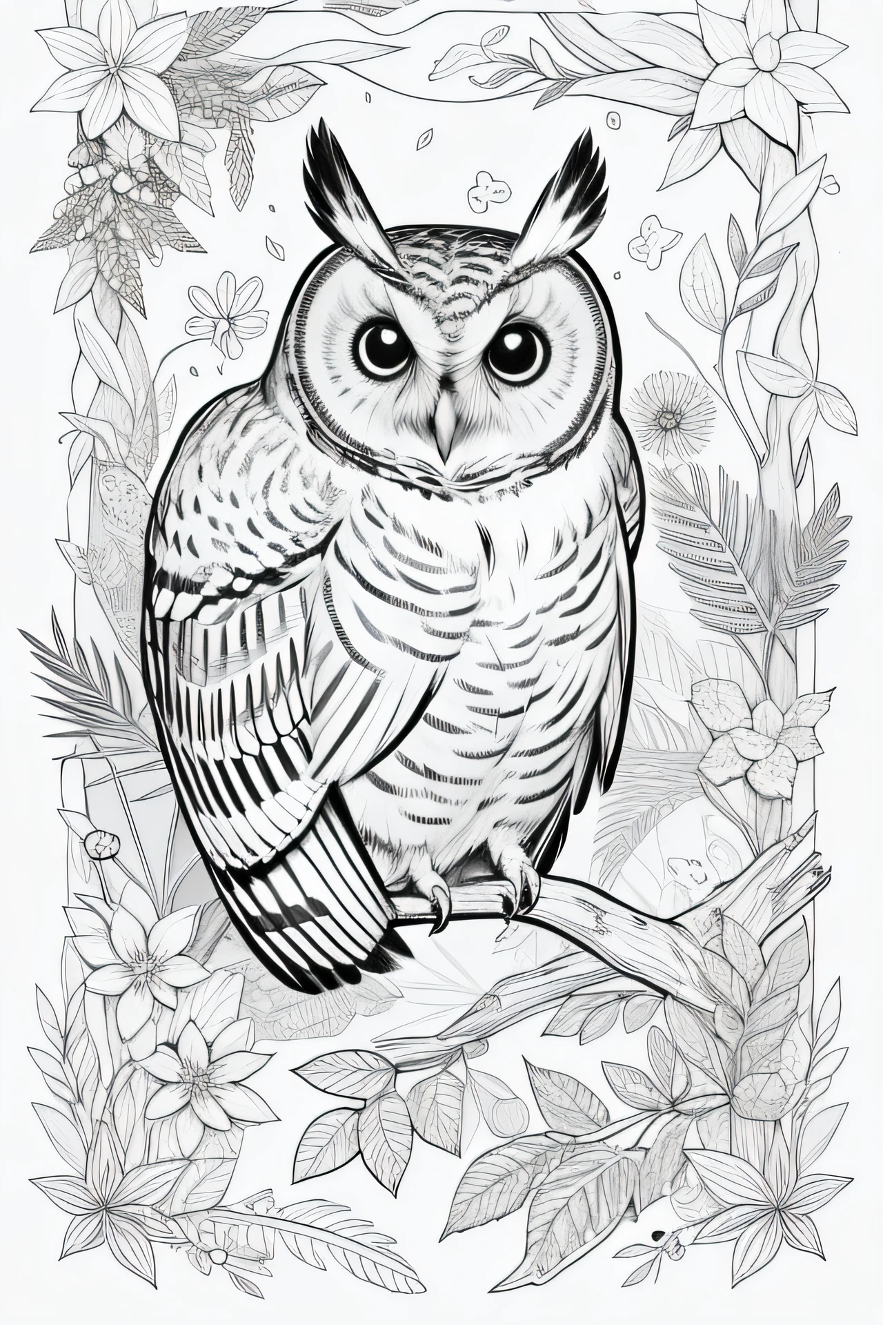 Coloring book of a owl in the forest, estilo cartoon, linhas grossas, sem cor, fundo branco, dashes only