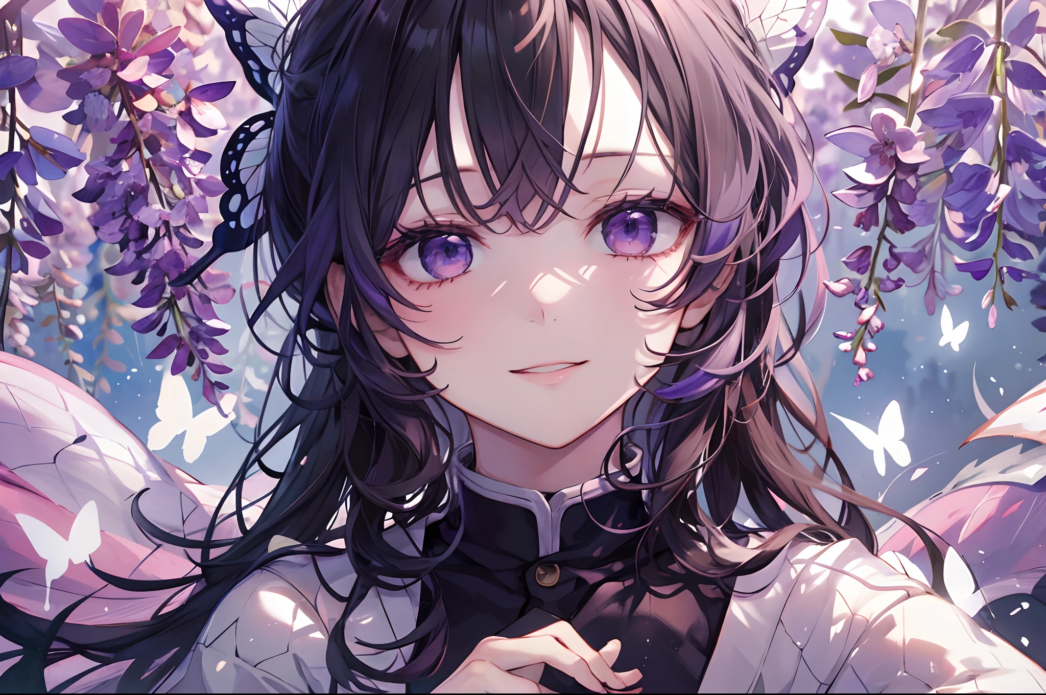 ​masterpiece, top-quality, hight resolution, 1girl in, 独奏, kochou shinobu, butterfly hair ornament, a purple eye, O cabelo multicolorido, shorth hair, partedbangs, haori, Long sleeve, Wide sleeves,  Black jacket, A smile, is standing, purple flower, Wisteria Garden,Butterflies flutter by,up of face,detailed face depiction,Beautiful facial features,dark sky,