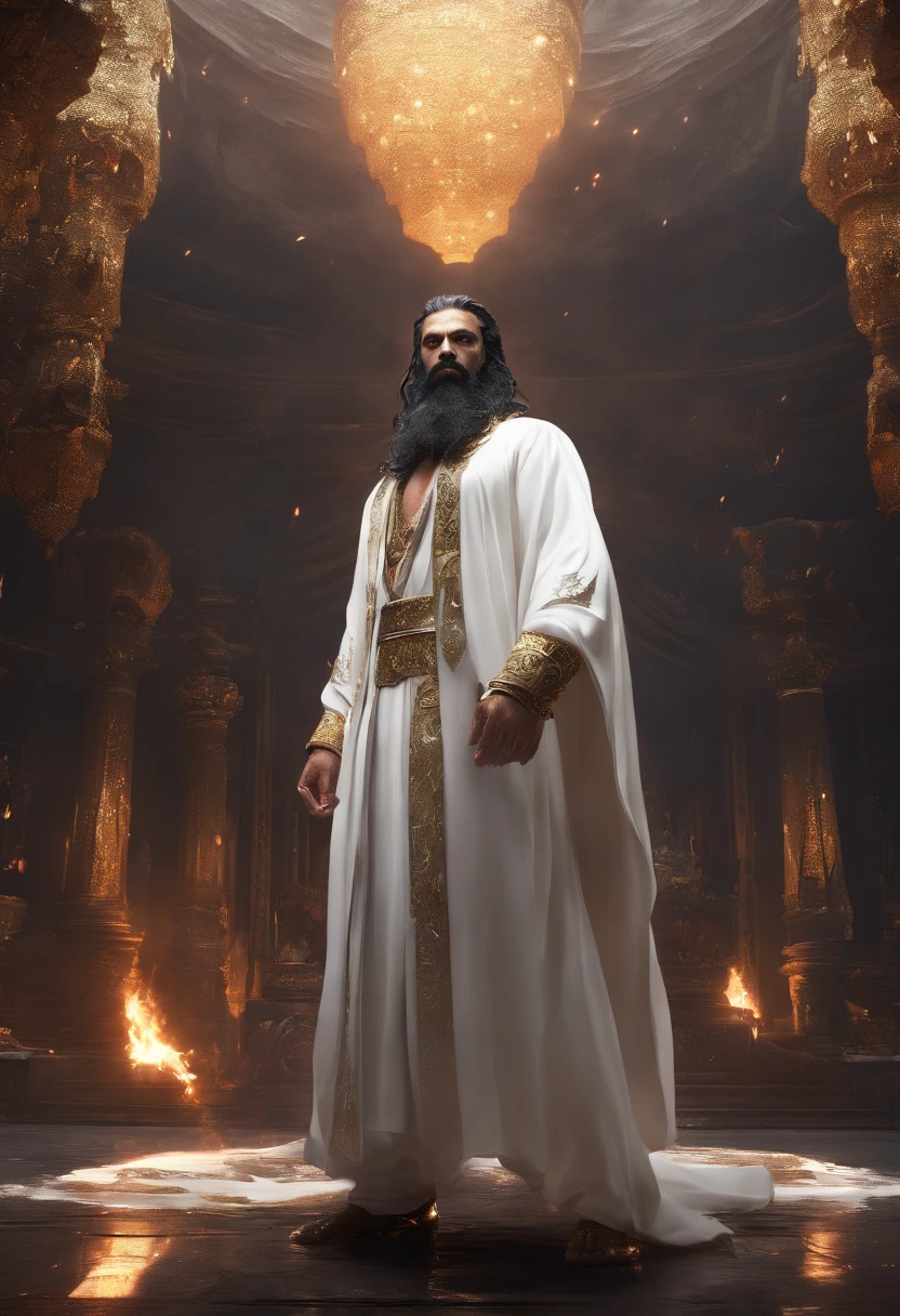 An Indian king, with gold crown, big blue jewel on the crown, big white mustache, big white beard, big fire sword, white dress, wearing a lot of gold ornaments, serval bodyguards in the back, water reflections on the floor (Professional 3D rendering:1.3) by (Realistic:1.3) World's most beautiful art picture, Features soft, dark complexation male heroes, ((Epic hero fantasy rough muscular man wet hero surprised look long hair long beard and shocked expression in dynamic pose, wearing a white robe, inside a big kingdom, burning fire in the background, majestic environment)), full body 8k unit render, action shot, skin pores, very dark lighting, heavy shading, detailed, Detailed face, (vibrant, photorealistic, Realistic , Dramatic, Dark, sharp focus, 8k), (white cloths with heavy jewelry r:1.4), (intricate:1.4), decayed, (highly detailed:1.4), painting digital, rendering by octane, art stations, Concept-Art, smooth, sharp focus, illustration, germ of art, (Loish:0.23), Wlop Ilya Kuvshinov, and Greg Rutkowski and Alphonse Mucha Gracias, (global illumination, studiolight, Light Volumetric ), heavy rain, floating particles, scoundrel, fantasy, Eleven, full bodyesbian, ((Dark old city background:1.3)),CGSesociedade,art stations