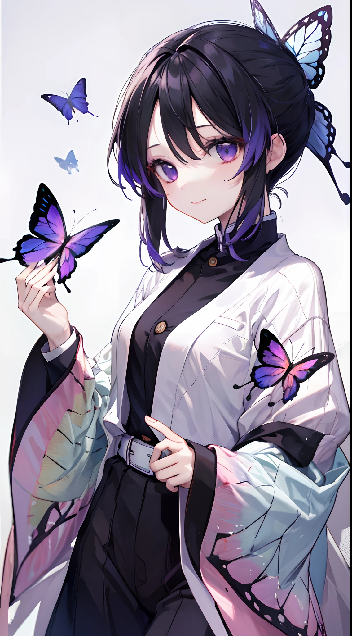 masterpiece, top-quality, hight resolution, 1girl, 独奏, kochou shinobu, butterfly hair ornament, a purple eye, O cabelo multicolorido, shorth hair, partedbangs, haori, Long sleeve, wide sleeves, Black pants, Black jacket, a belt, cowboy shot, a smile, is standing, White background,