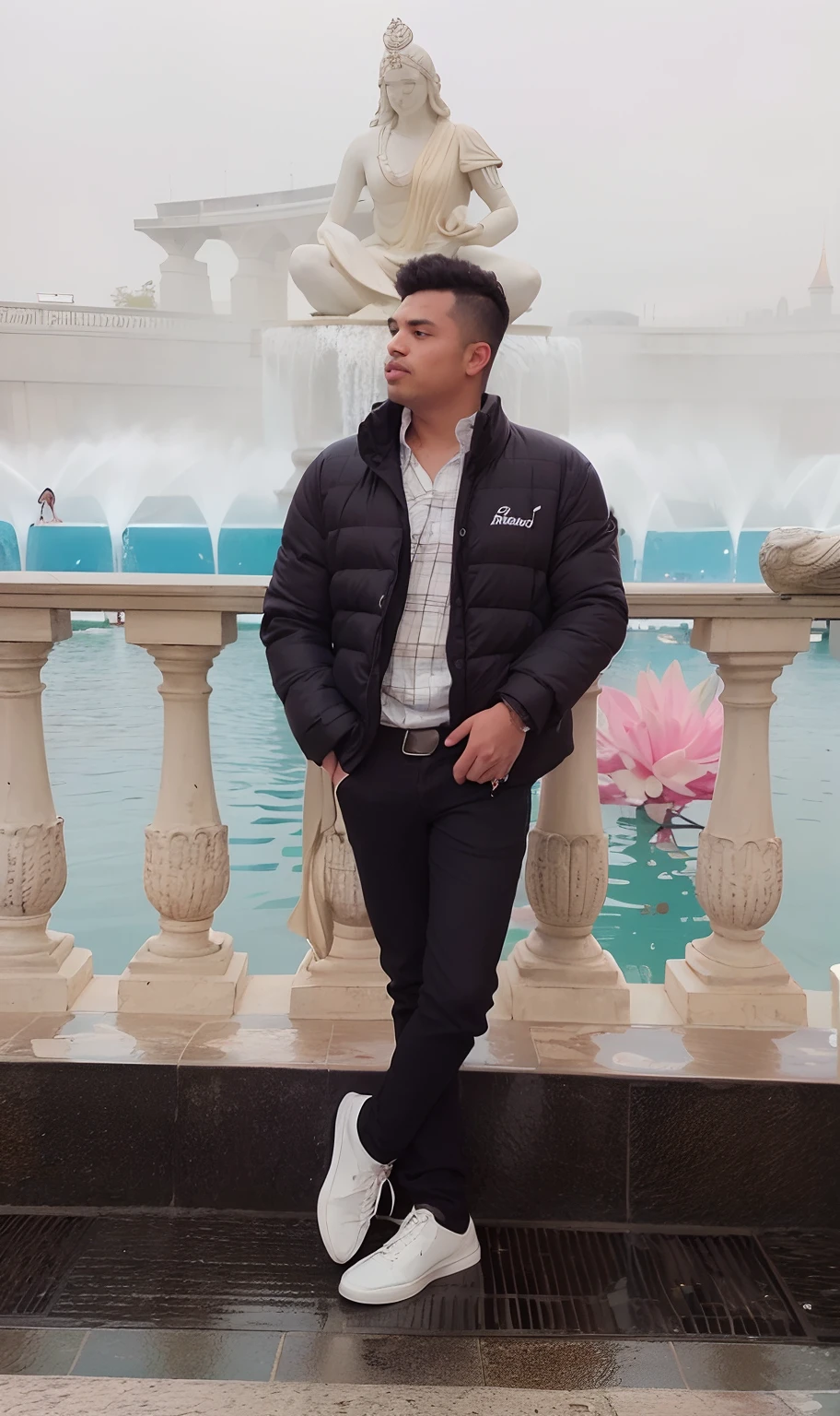 arafed man standing on a bridge near a fountain with a statue in the background, full body photogenic shot, stylish pose, candid picture, casual pose, standing in a city center, very artistic pose, candid photo, with a cool pose, cool pose, inspired by Kailash Chandra Meher, full body picture, artistic pose, full body profile camera shot
