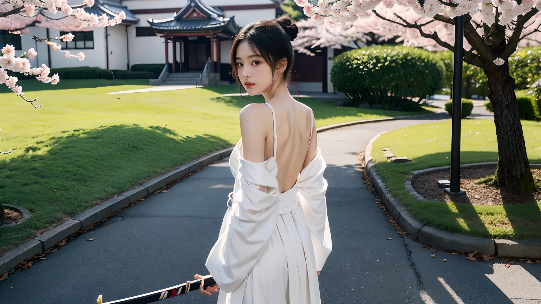 ((small underboob,Tomboyish,small heads)),  (short-length straighthair: 1.2), Black hair，Upper body,（极其细致的CG 8k壁纸），（Extremely refined and beautiful），（Masterpiece），（best qualtiy：1.0），（超高分辨率：1.0），beautiful light up，Perfect lightning，realistic shaded，[A high resolution]，Smooth and flawless fair skin，ultra - detailed ，(small breasts:1.1)，flat chest，slim，thin，slender waist，serious，Mighty，（seven quarter sleeved white kendogi:1.1），no bra，（maxi red kendo hakama：1.1），white short socks, geta，spring,night scene，a tall huge Japanese castle，sakura blooms，standing，outside，Tree-lined roadsides，Close-up，(a long naked samurai katana:1.1)，Holding the katana handle with both hands，Wielding the samurai katana，Facing the audience on the back，from back，off shoulders，Bare shoulders