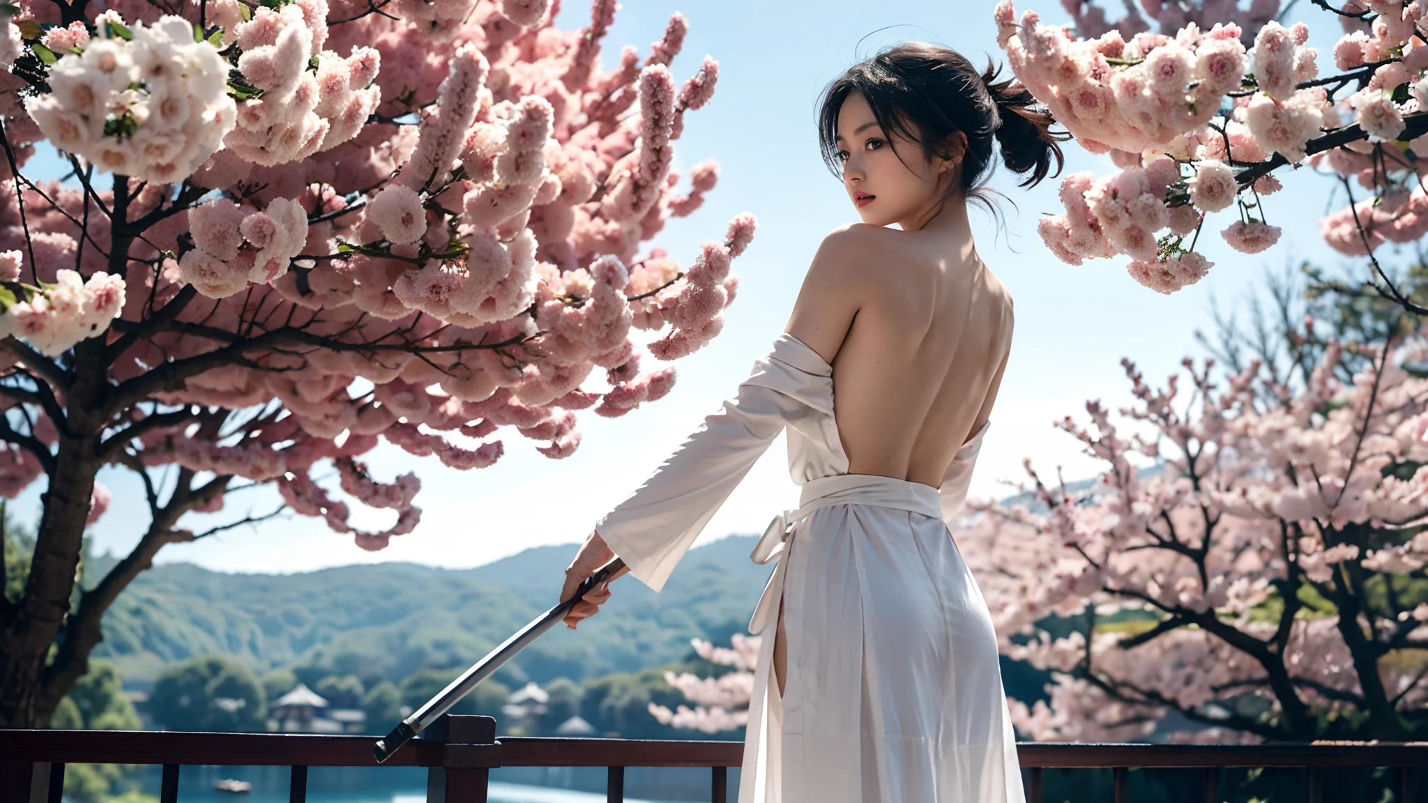 ((small underboob,Tomboyish,small heads)),  (short-length straighthair: 1.2), Black hair，Upper body,（极其细致的CG 8k壁纸），（Extremely refined and beautiful），（Masterpiece），（best qualtiy：1.0），（超高分辨率：1.0），beautiful light up，Perfect lightning，realistic shaded，[A high resolution]，Smooth and flawless fair skin，ultra - detailed ，(small breasts:1.1)，flat chest，slim，thin，slender waist，serious，Mighty，（seven quarter sleeved white kendogi:1.1），no bra，（maxi red kendo hakama：1.1），white short socks, geta，spring,night scene，a tall huge Japanese castle，sakura blooms，standing，outside，Tree-lined roadsides，Close-up，(a long naked samurai katana:1.1)，Holding the katana handle with both hands，Wielding the samurai katana，Facing the audience on the back，from back，off shoulders，Bare shoulders