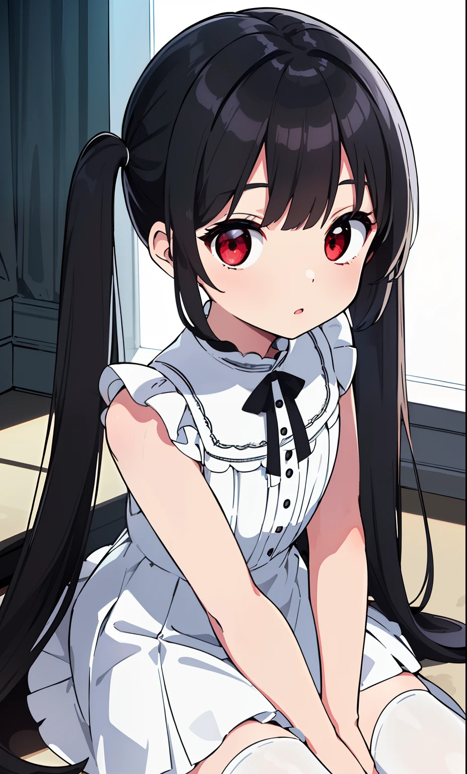 (Detailed and beautiful outlines,white light,soft light,natural light,Caucasian skin:1.3),(upturned eyes,:o,twin tail,black hair,red eyes,over kneehighs,mourning dress,hand between legs,sitting,looking up,day,blue sky,Pale red eyes:1.1),Black Roses,looking at viewer,