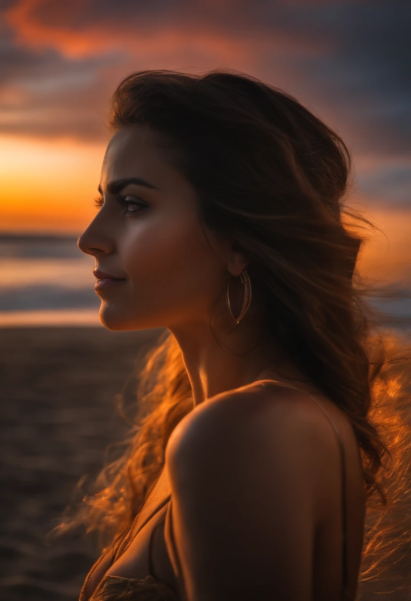 bare woman, sensuous, at beach, watching the sunset, low lighting, photoshotgrafia, high detaild, pores on the skin, Extreme realism, 8K, detailded, photoshot, 