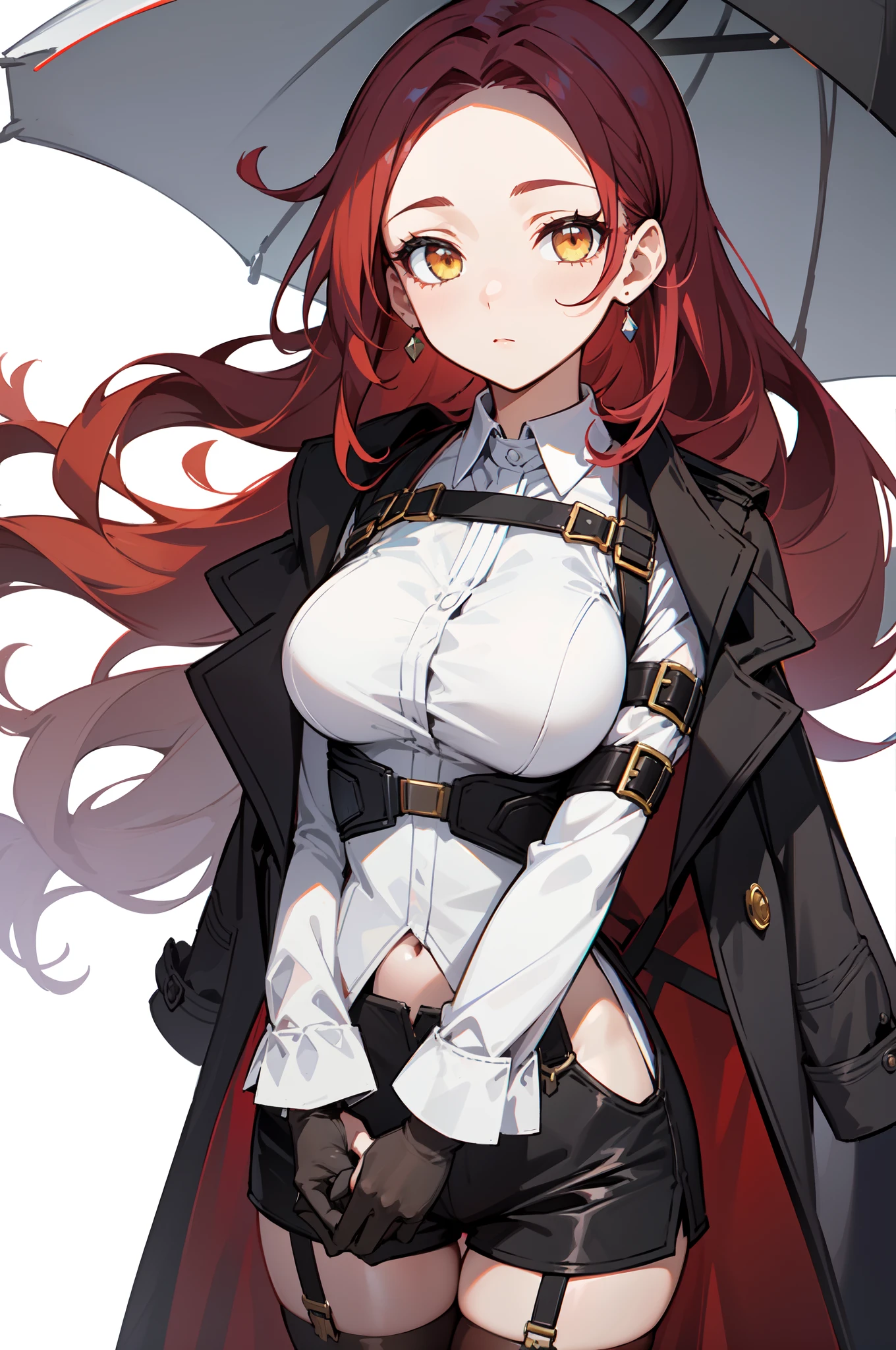 1girl, young woman, solo, close shot, from below, cowboy shot, scarlet red hair, long hair, big hair, (forehead), yellow eyes, medium breasts, neutral, (overcoat, black coat, open coat:1.15), white shirt, collared shirt, (chest harness, shoulder strap:1.15), black shorts, garter belt, thighighs, gloves, elegant, looking at viewer, simple background, transparent background, standing, hands out of frame, (((close-up))), face only, masterpiece, best quality, 4k