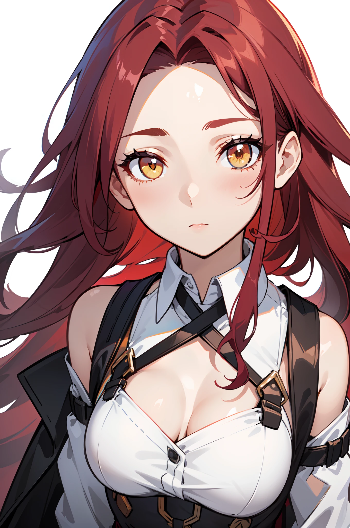 1girl, young woman, solo, close shot, from below, cowboy shot, scarlet red hair, long hair, big hair, (forehead), yellow eyes, medium breasts, neutral, (overcoat, black coat, open coat:1.15), white shirt, collared shirt, (chest harness, shoulder strap:1.15), black shorts, garter belt, thighighs, gloves, elegant, looking at viewer, simple background, transparent background, standing, hands out of frame, (((close-up))), face only, masterpiece, best quality, 4k