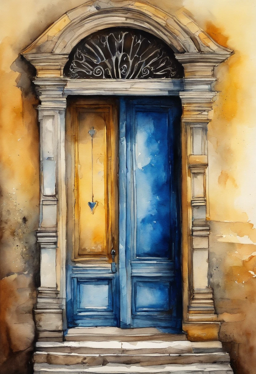 Capela amarela com porta azul aquarela sobre textura