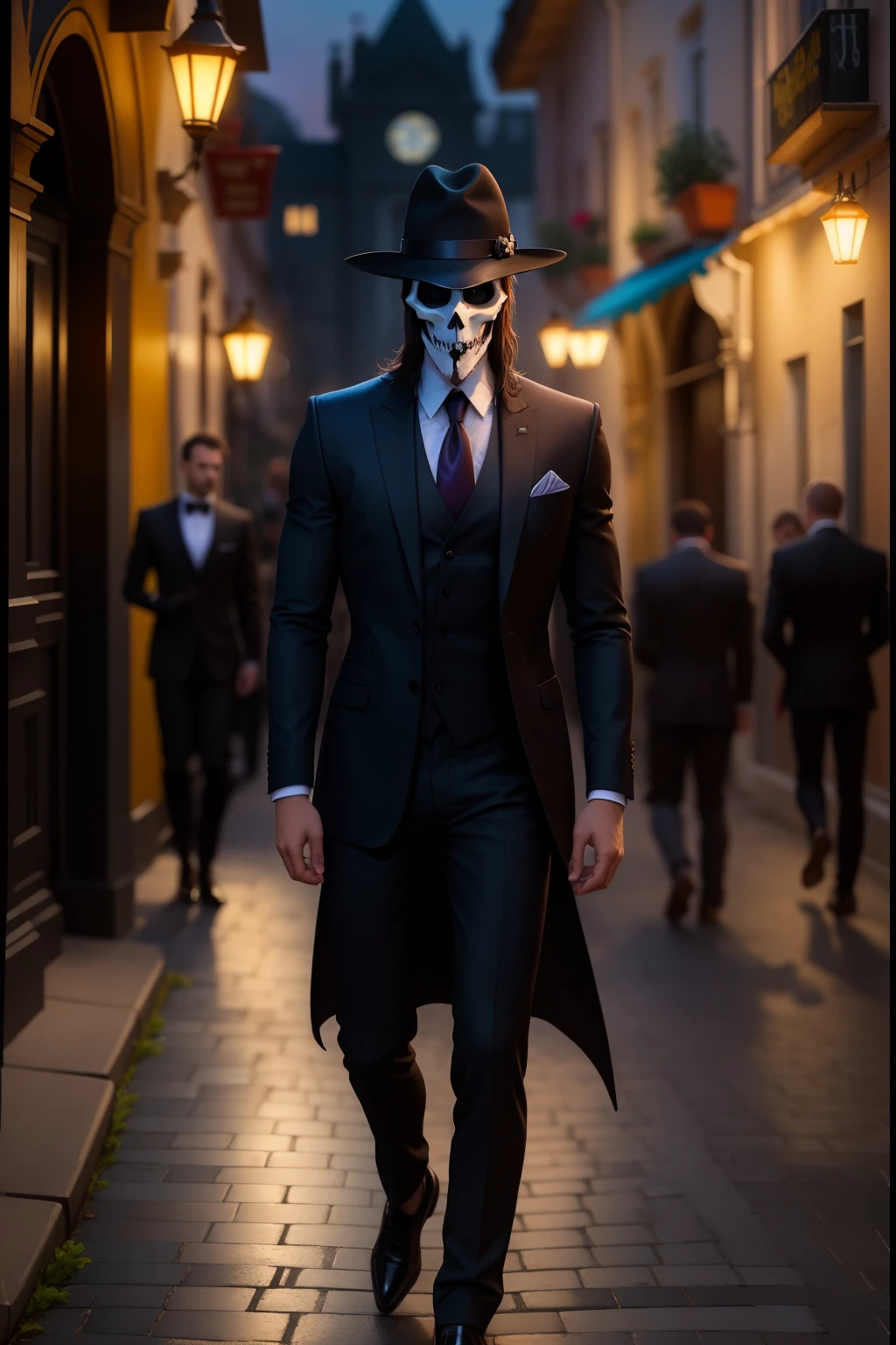 Man in black suit and happy white skeleton mask walking down a street, esqueleto em um terno, Homem misterioso, homem bonito, homem no terno preto, O Mais., um homem adequado em uma cartola, Neo - Estilo Preto, em uma rua pela noite, terno escuro, olhar cativante, elegante, ( ( ( esqueleto ) ) )