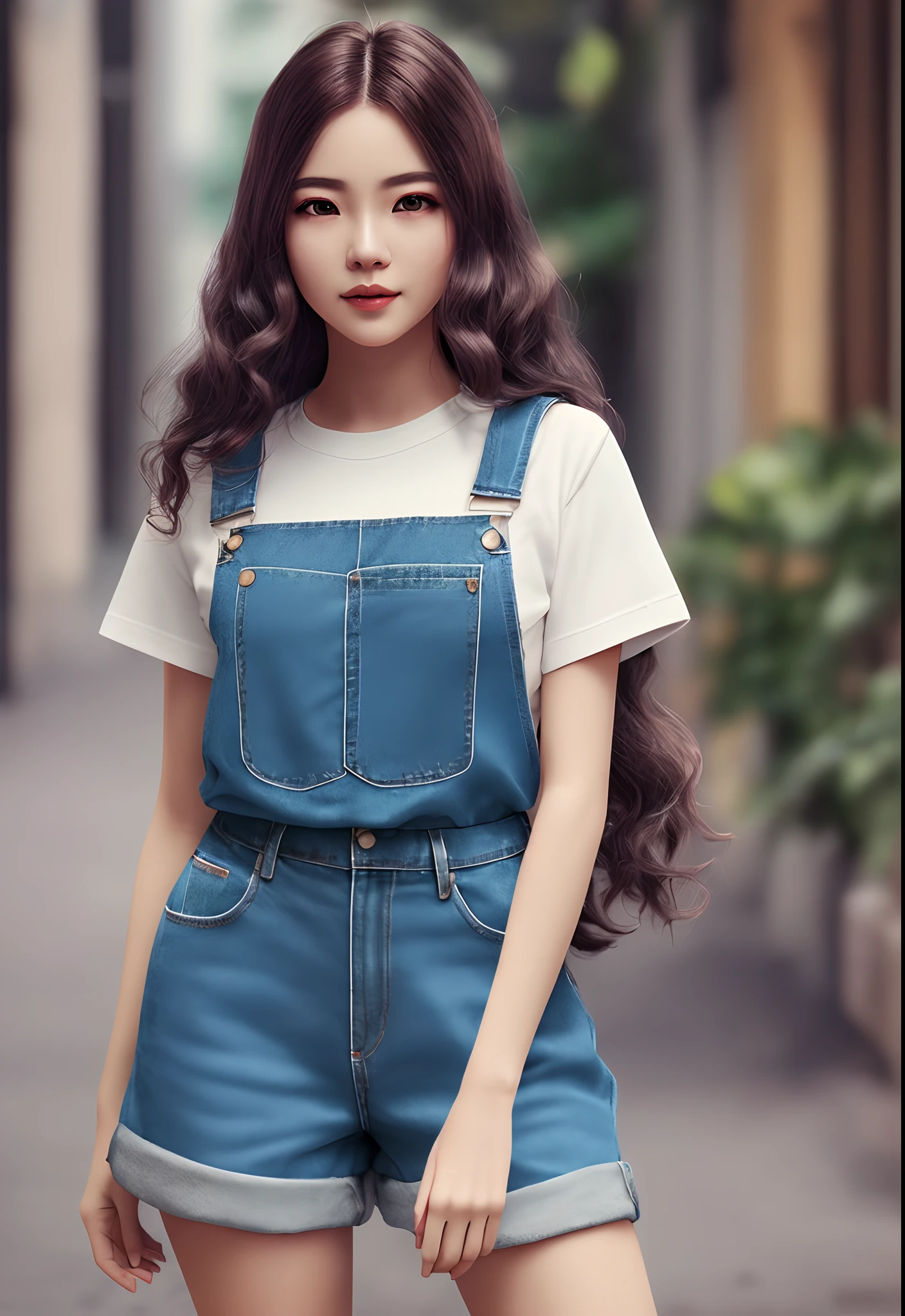 a photo of pho3b3cat3s, beautiful woman, ((24 years old)), street, tshirt, denim overalls, 1980s, retro, long wavy dark hair ponytail, (masterpiece), (extremely detailed CG unity 8k wallpaper), Intricate, ((photorealistic)),