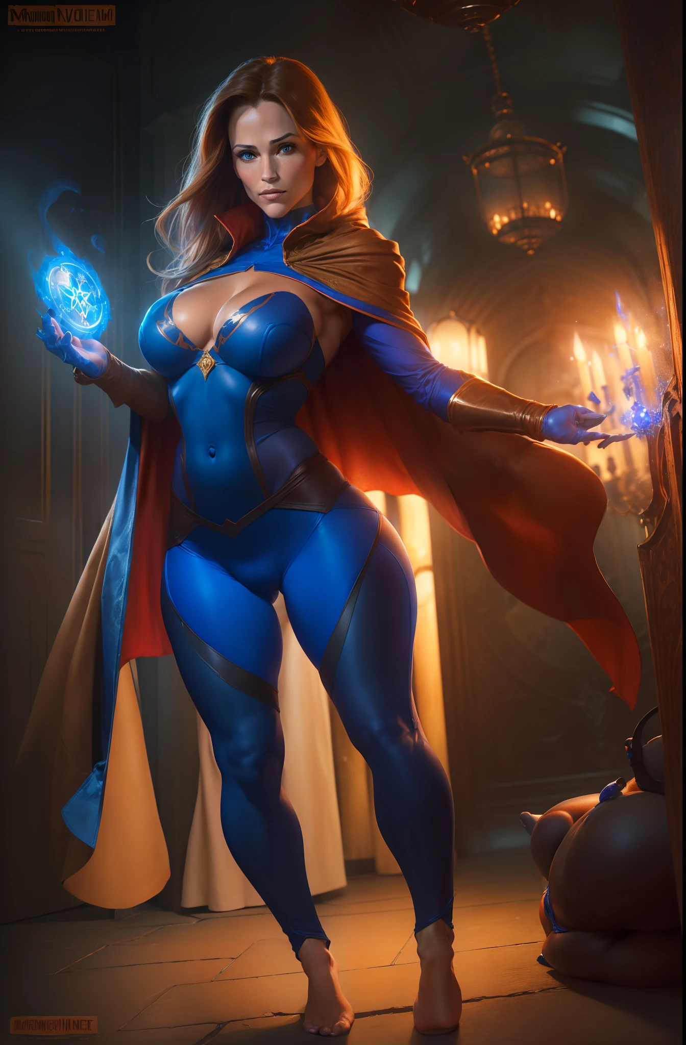 ((Jennifer Garner from Alias TV series) as Dr. strange), defined muscles, red hair, athletic build, (((naked))), (((no clothing))), highly detailed, sexy revealing lots of skin, large breasts, ((casting a spell)), ((wearing Dr. Stange cape), ((wearing Dr. Strange cloak)), ((lots of cleavage)), ((huge sigillum aemeth filling background)), ((rear view)), ((butt towards the camera)), ((cobalt blue eyes)), (((dark tan))), ((cameltoe)), ((camel toe)), ((cobalt blue pants))