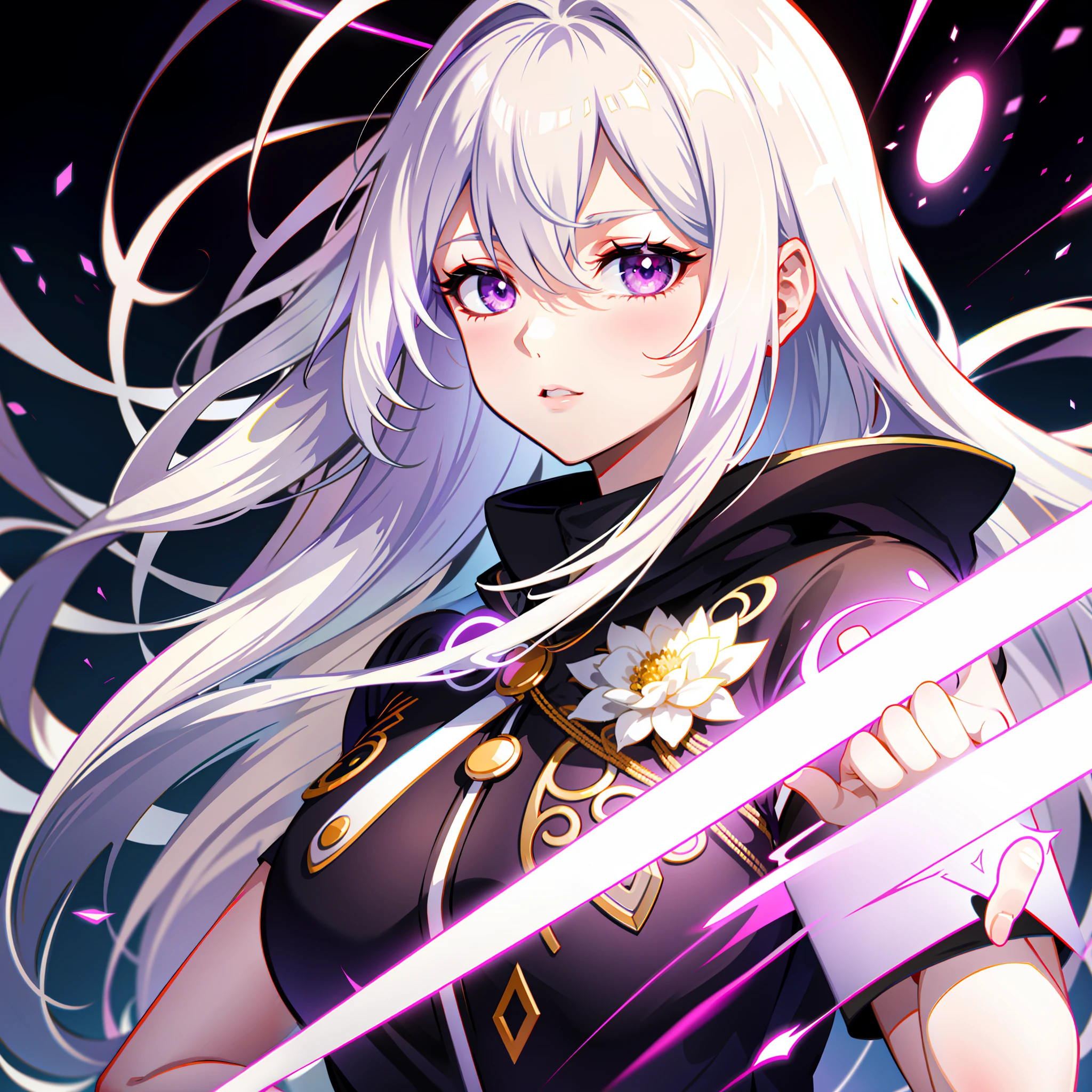 1girl, white hair, multicolored hair, purple eyes, mask on head, sidelighting, light particles, wallpaper,