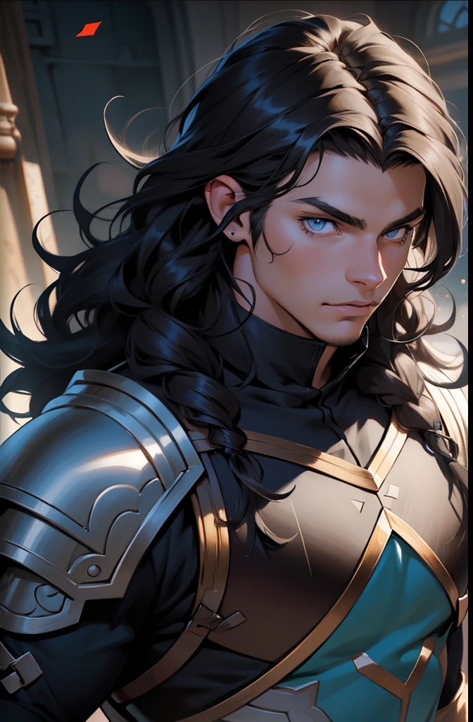 Homem, shoulder-length hair, cabelo preto, sobretudo, armadura, olhos castanhos, detailed, high def, 8k, obra prima, melhor qualidade, guerreiro, young, anime, fantasy, rpg, jovem, curly hair, ager, epic, warrior, manly