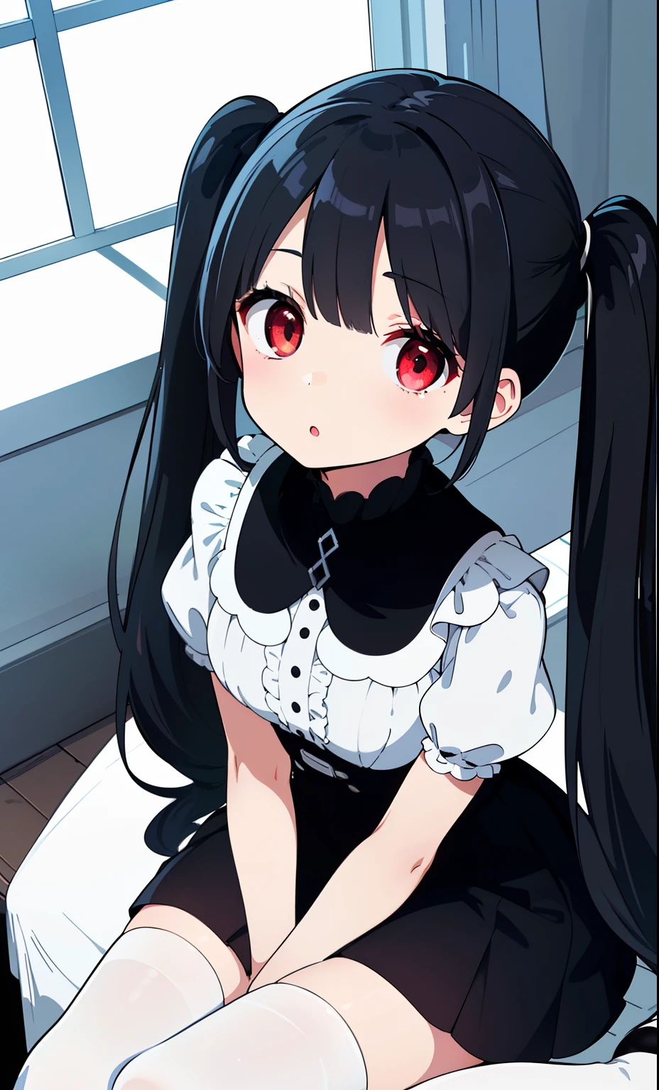 (Detailed and beautiful outlines,white light,soft light,natural light,Caucasian skin:1.3),(upturned eyes,:o,twin tail,black hair,red eyes,over kneehighs,mourning dress,hand between legs,sitting,looking up,day,blue sky,Pale red eyes:1.1),Black Roses,looking at viewer,