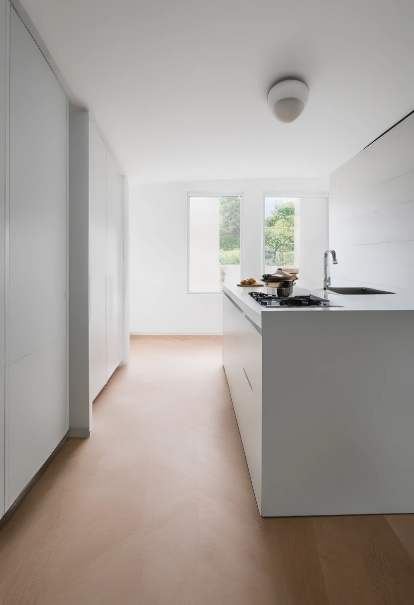 (Plano medio), (Standard lens)((teleobjetivo)) Un simple, cocina no muy grande, ((Empty kitchen utensils)), Recientemente renovado, with wood-coloured ceramic parquet floors and soft grey walls, una pintura de Felix Forest, Pexels, Hiperrealismo, Scattered room, empty room