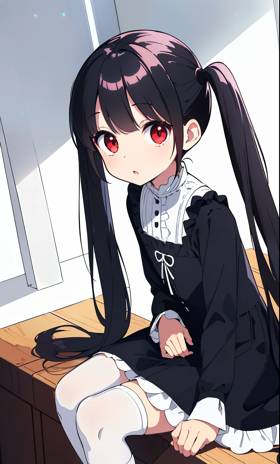 (Detailed and beautiful outlines,white light,soft light,natural light,Caucasian skin:1.3),(upturned eyes,:o,twin tail,black hair,red eyes,over kneehighs,mourning dress,hand between legs,sitting,looking up,day,blue sky,Pale red eyes:1.1),Black Roses,looking at viewer,