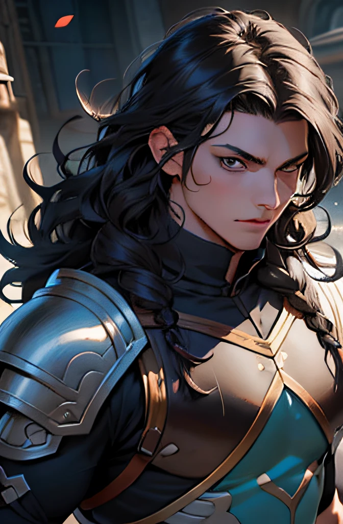 Homem, shoulder-length hair, cabelo preto, sobretudo, armadura, olhos castanhos, detailed, high def, 8k, obra prima, melhor qualidade, guerreiro, young, anime, fantasy, rpg, jovem, curly hair, teenager, epic, warrior, manly