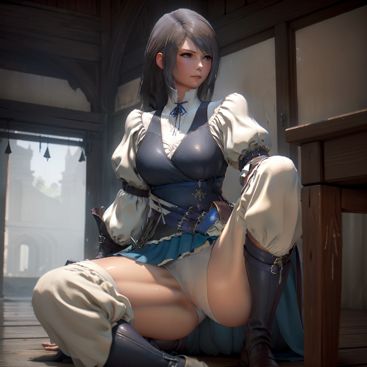 (Jill warrick from final fantasy),, underwear、skirts that are too short、Physical education sitting、M-shaped legs、Open legs、shortsleeves、itchy、Open legs, Cleaning up after sex、a miniskirt、White panty、camel's toe、water dripping,(Glossy skin:1.15)、huge cleaverage, wet clothes, transparent clothes, huge cleaverage, show tits