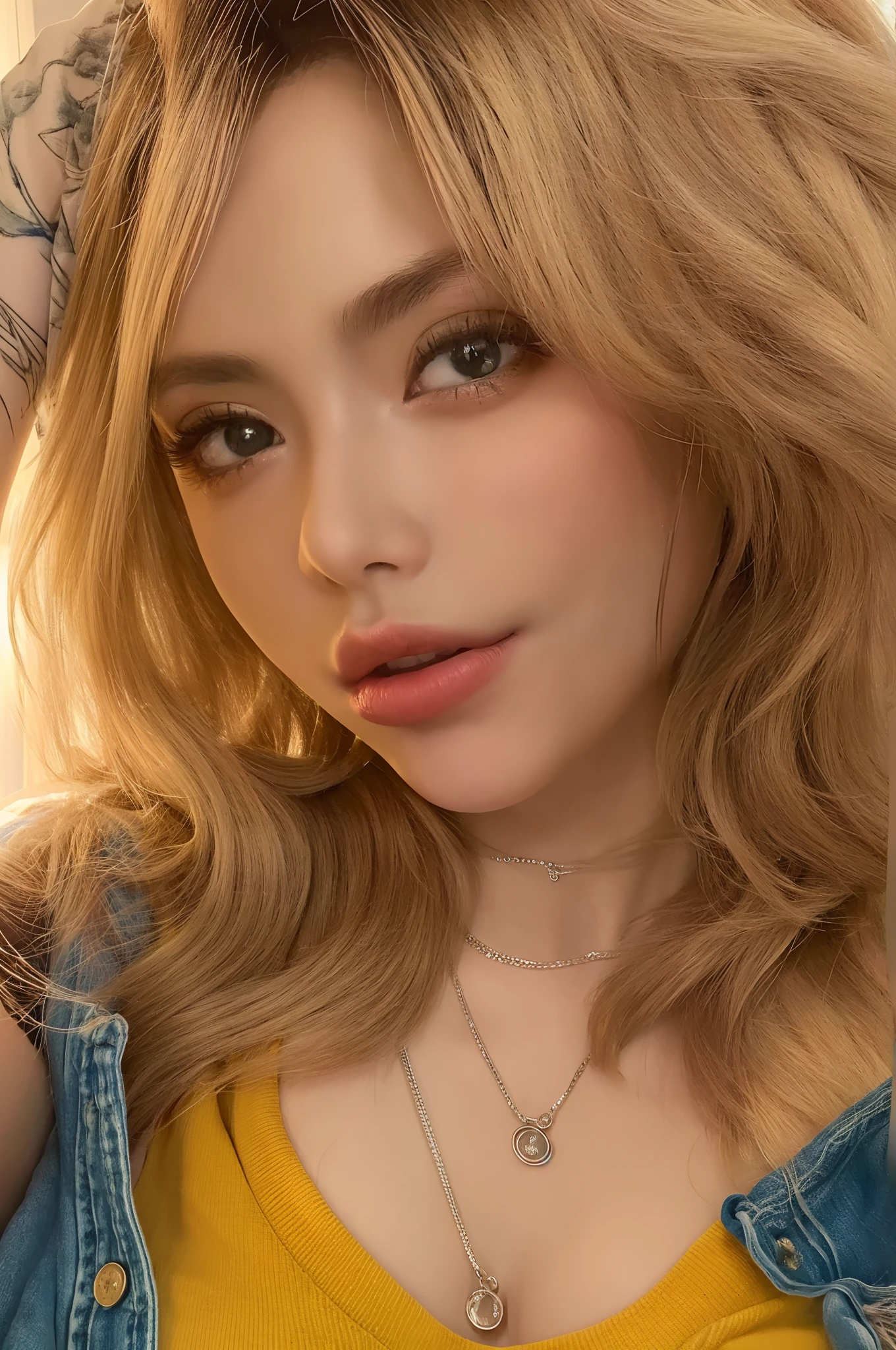 (best quality,4k,8k,highres,masterpiece:1.2),ultra-detailed,(realistic,photorealistic,photo-realistic:1.37),RAW photo,tattoo girl,nsfw,arm tattoo,woman wearing a yellow cropped t-shirt,blue denim jeans,clothes pull,at home,detailed arm tattoos,curly hair,confident expression,piercing on nose,beautiful detailed eyes,beautiful detailed lips,vivid colors,warm color tone,soft natural lighting,bedroom setting,creative poses