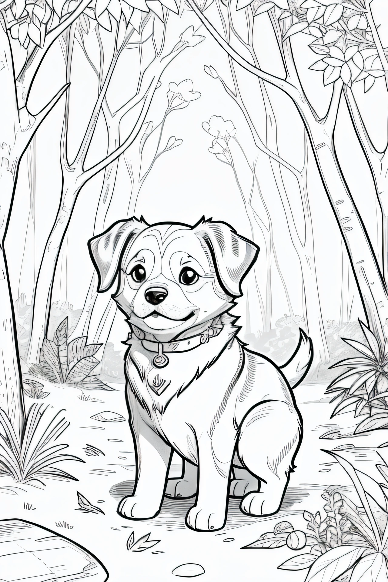 Coloring book of a  dog in the forest, estilo cartoon, linhas grossas, sem cor, fundo branco, dashes only