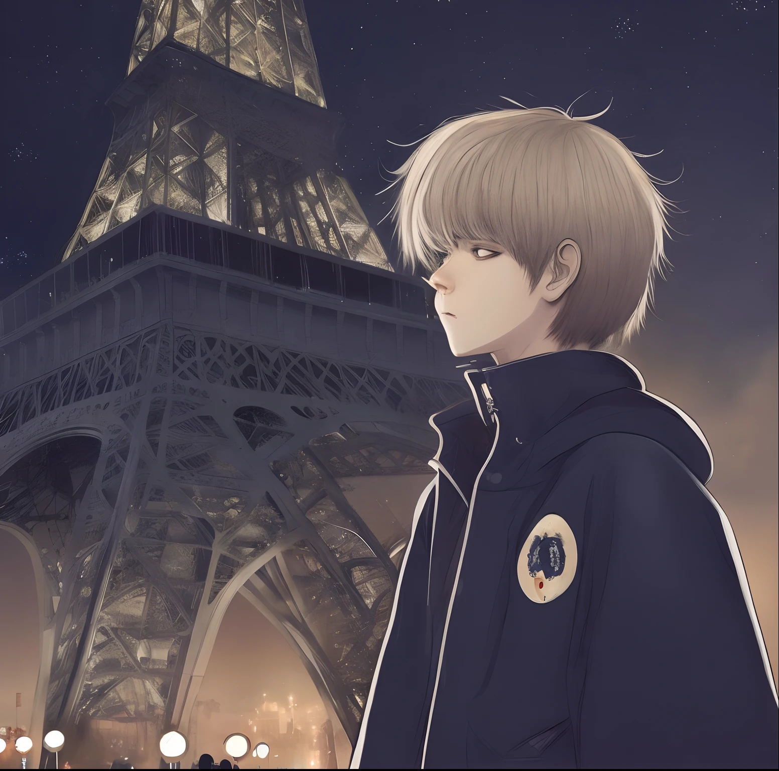 Place like paris and japan at night all peace and a boy age 16 hiding is face and his eyes shown something like he is the villian