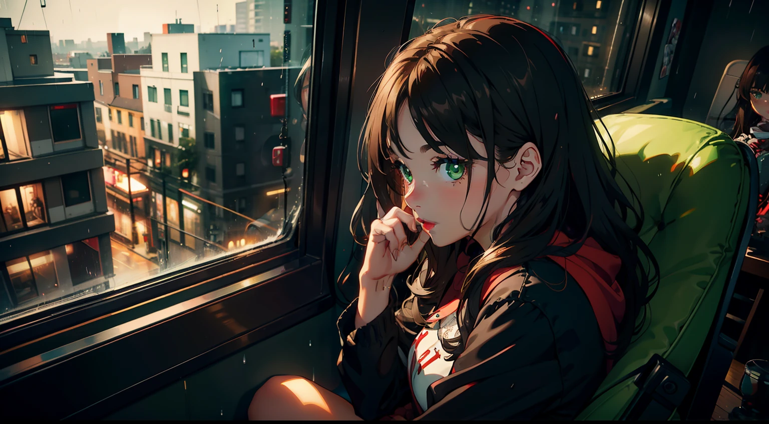 Girl, dark brown wavy hair, green eyes, big nose, big red lips. Girl Sitting in gamer chair, looking in window. Out the window Night city street, rain. warm, pleasant lighting. Camera far away