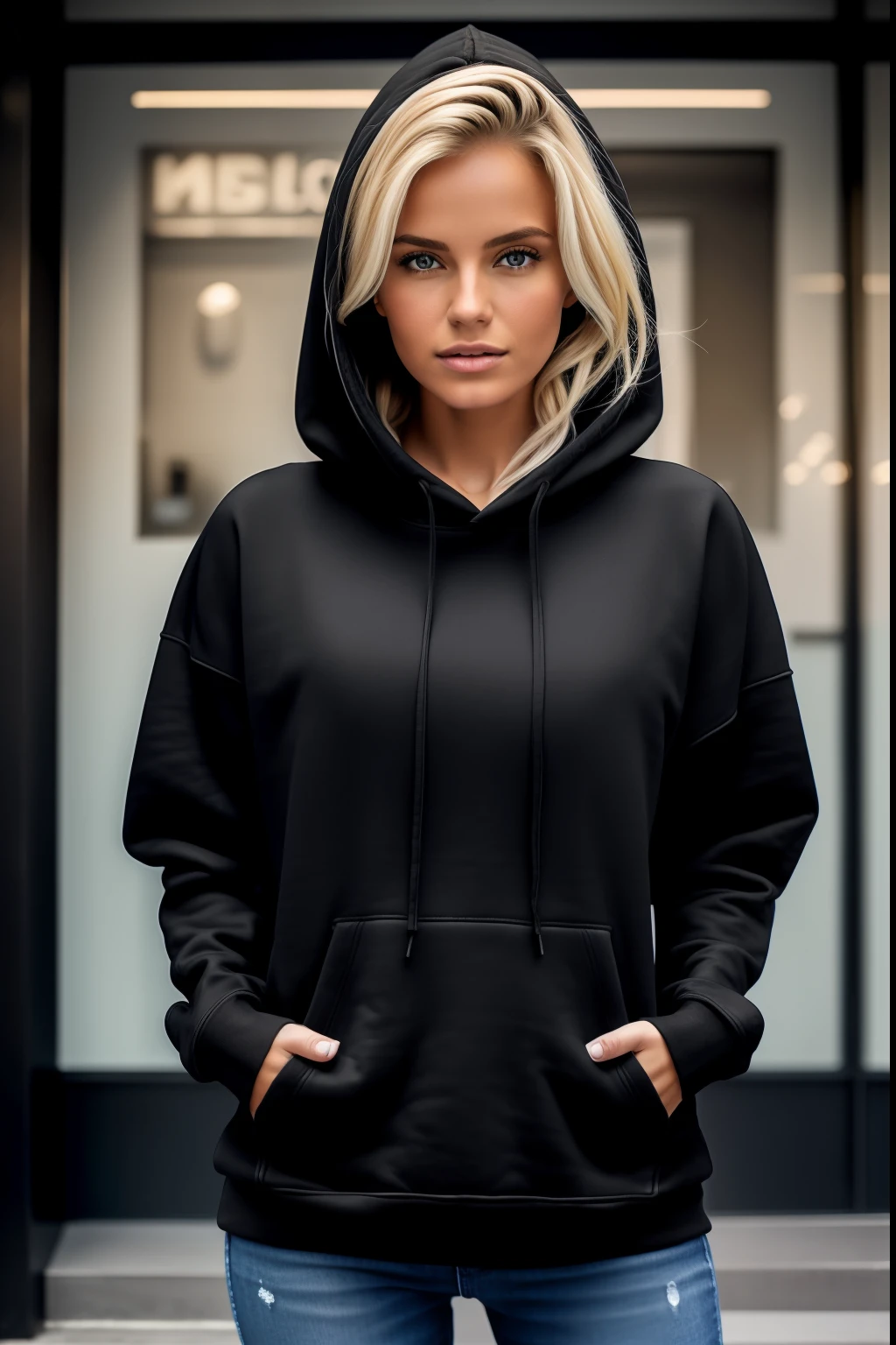 European blonde woman posing in black hoodie and blue jeans, in a black hoodie, a girl in a hoodie, in a black hoodie, Without hood | | realistic shaded, black hoodie, realistic clothing, wearing a hoodie, wearing a hoodie, wearing a hoodie, blonde girl in hoodie, in jeans and a black hoodie, Wearing a black hoodie, In an oversized sweatshirt