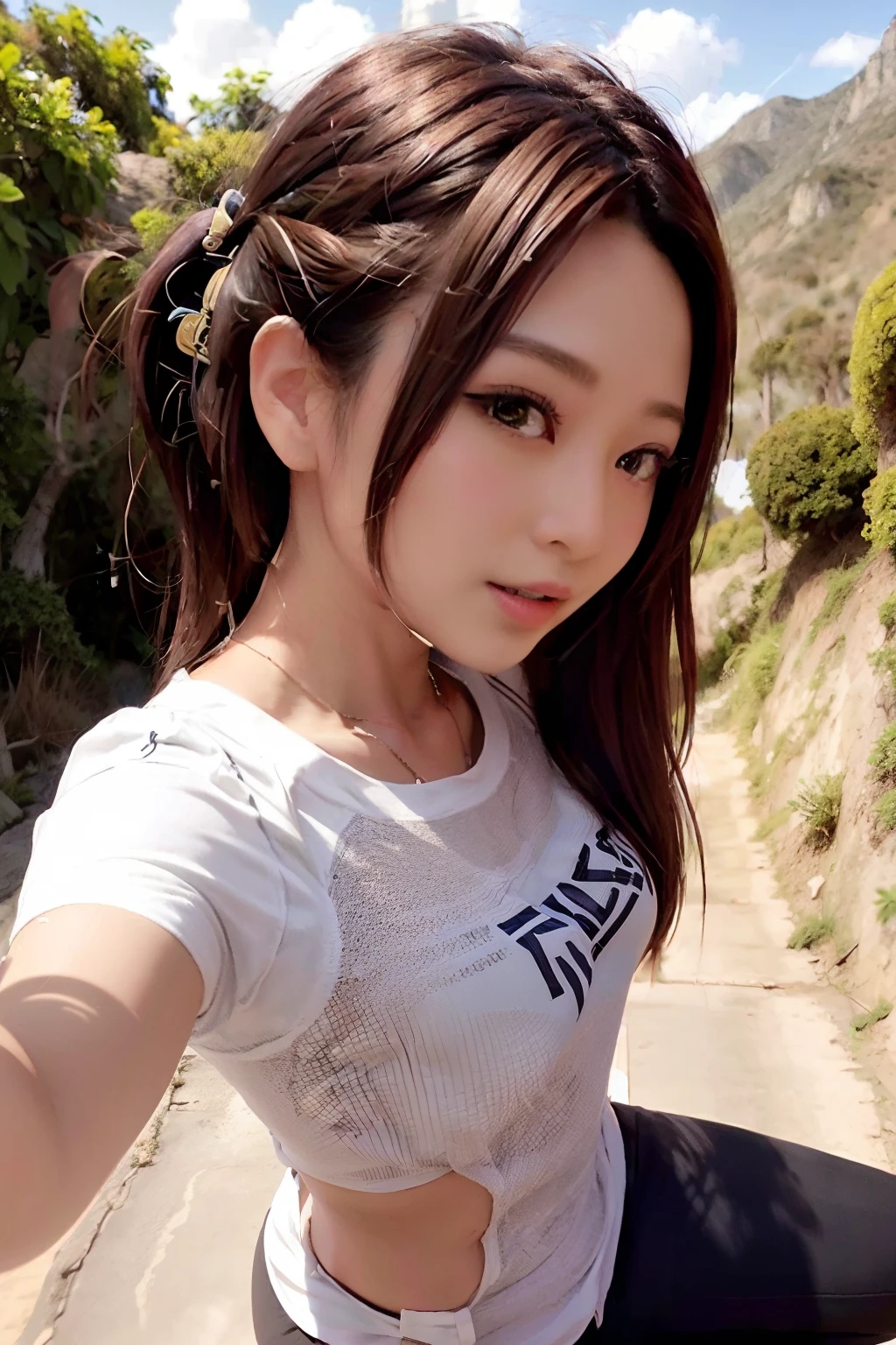 hkgirl, beautiful girl hiking on the mountain, yoga pants, t-shirt