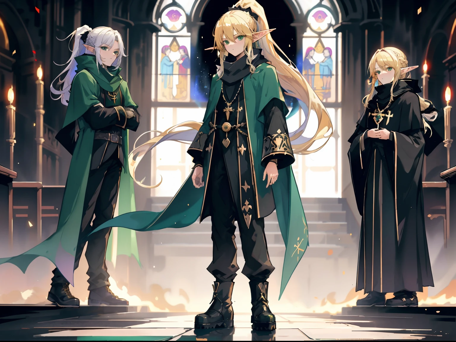 (best quality, highres), (long hair:1.1), (blonde hair:1.1), (elf ears:1.1), (priest:1.1), (fantasy:1.1), (ponytail:1.1), (looking at camera:1.1), (black priest robe:1.1), (scarf:1.1), full body, boots, black pants, tall, manly, 1 boy, standing, church background, night, green eyes, black clothes