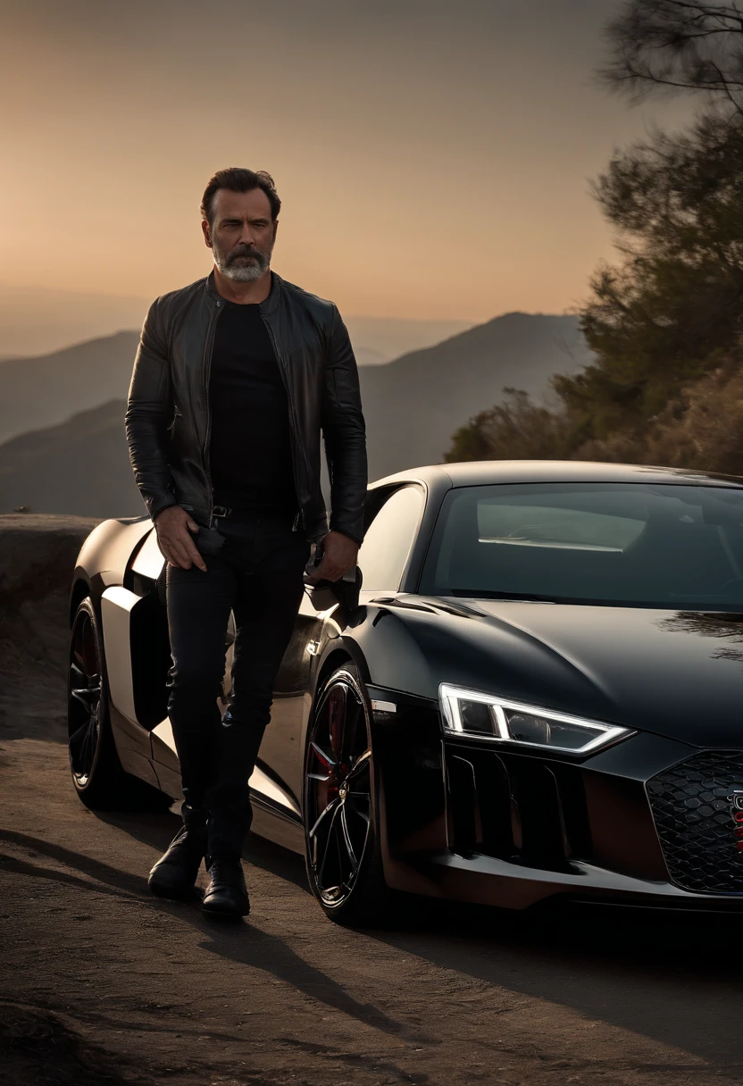 Cimematic shot , [negan walking dead with your wired baseball bat next to a black audi r8, ] wearing a [jaquet black],  post-apocalyptic [Los Angeles cliff,], Back Angle, taked by IMAX 65mm camera, [lighting],  hyper-detailed --ar 21:9 --style raw