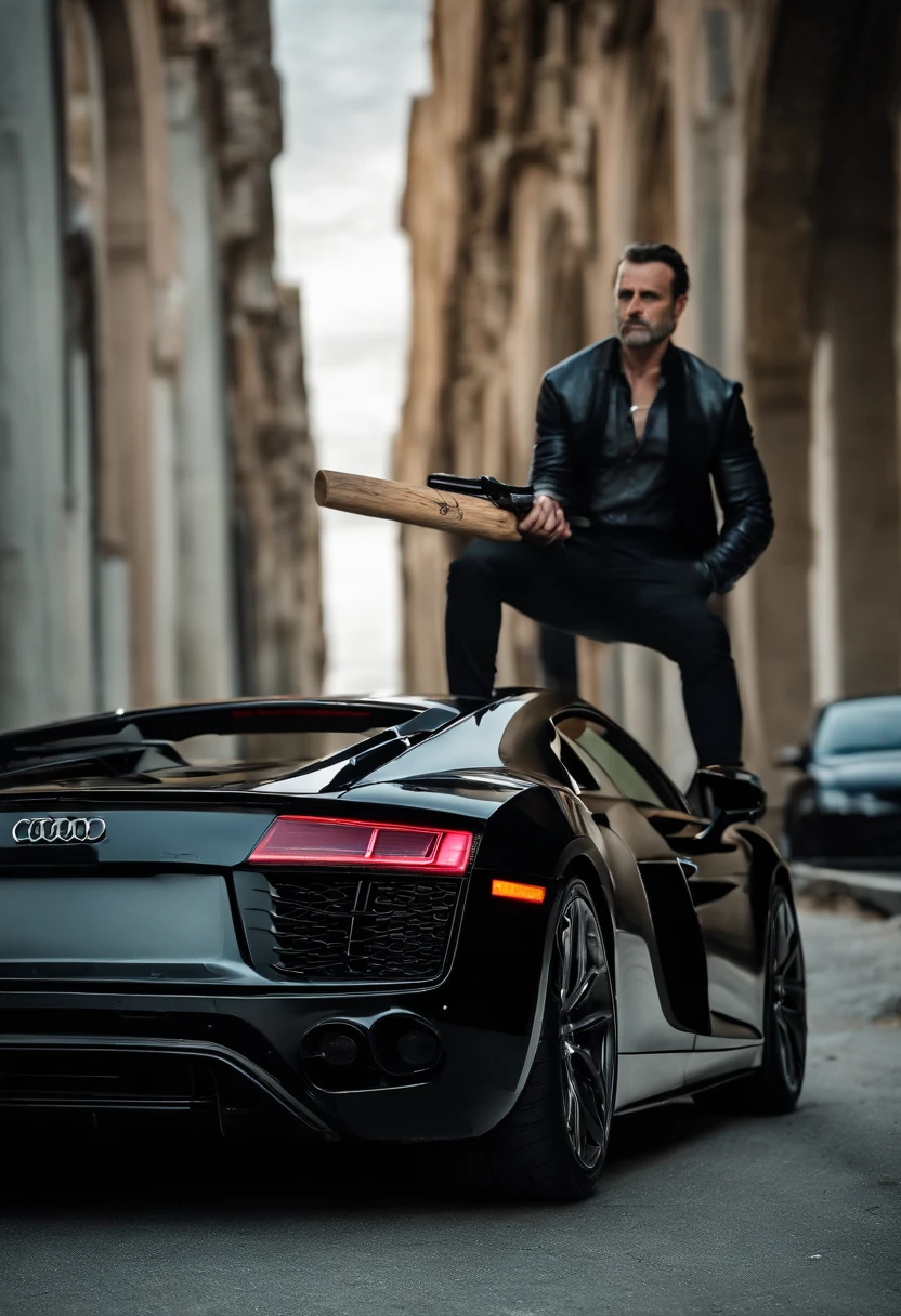 Cimematic shot , [negan walking dead with your wired baseball bat next to a black audi r8, ] wearing a [jaquet black],  post-apocalyptic [Los Angeles cliff,], Back Angle, taked by IMAX 65mm camera, [lighting],  hyper-detailed --ar 21:9 --style raw