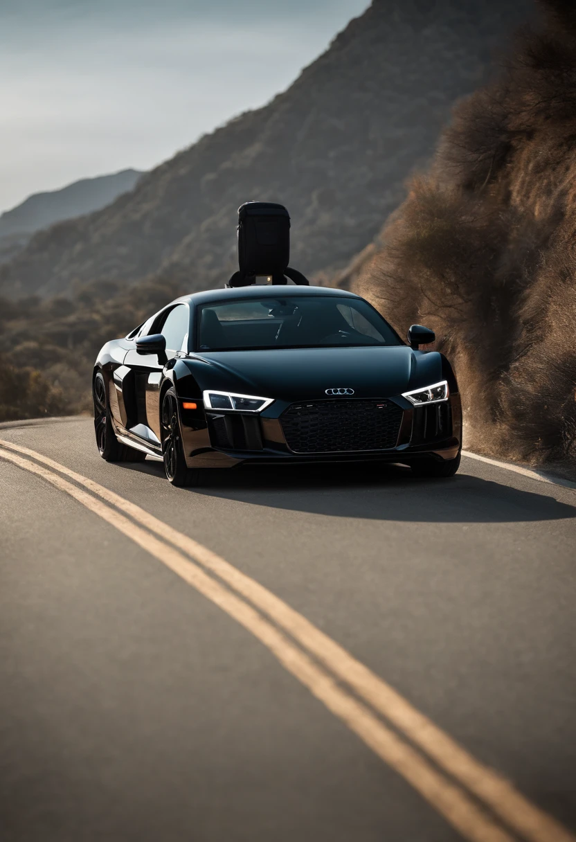 Cimematic shot , [negan walking dead with your wired baseball bat next to a black audi r8, ] wearing a [jaquet black],  post-apocalyptic [Los Angeles cliff,], Back Angle, taked by IMAX 65mm camera, [lighting],  hyper-detailed --ar 21:9 --style raw