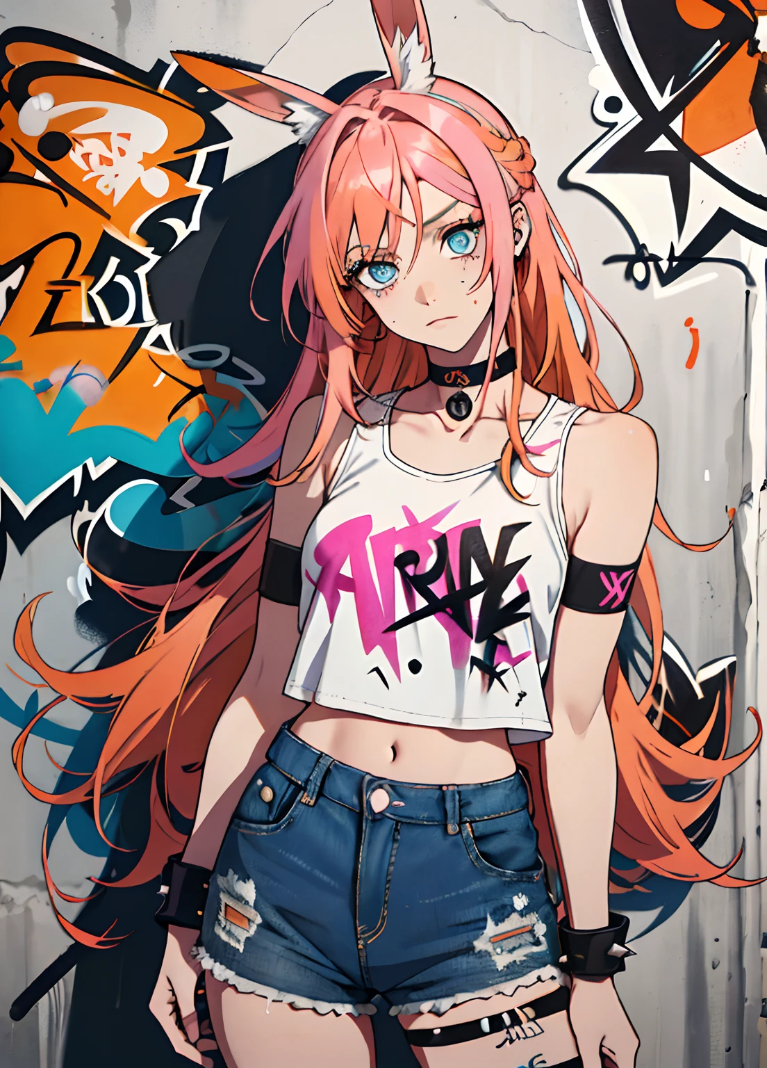 masterpiece, best quality, 1girl, solo, crop top, denim shorts, choker, (graffiti:1.5), paint splatter, arms behind back, against wall, looking at viewer, armband, thigh strap, paint on body, head tilt, bored, multicolored hair, aqua eyes, cute face, adult mature female (spiky orange-pink hair, (orange-pink mullet 1.1)), (very long hair), blue eyes, (white/yellow pupil,) hero, sleeveless blue spandex bodysuit, long orange-pink rabbit ears,