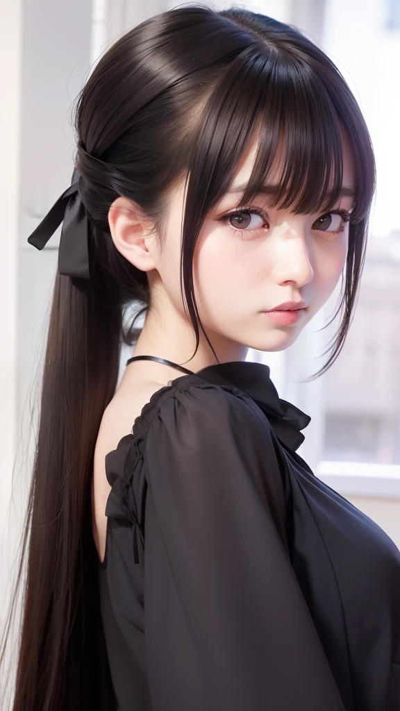 ​masterpiece、top-quality、in 8K、Raw photo、(Photorealsitic: 1.4)、ultra-detailliert、hight resolution、finely detail、frontage、独奏、(1girl in:1.4)、poneyTail、(real looking skin:1.2)、beautiful a girl、Perfect figure、extremely detailed eye and face、Ultra-detailed and beautiful eyes、a smile:1.4、Off-the-shoulder dresses、blurry backround、Night city