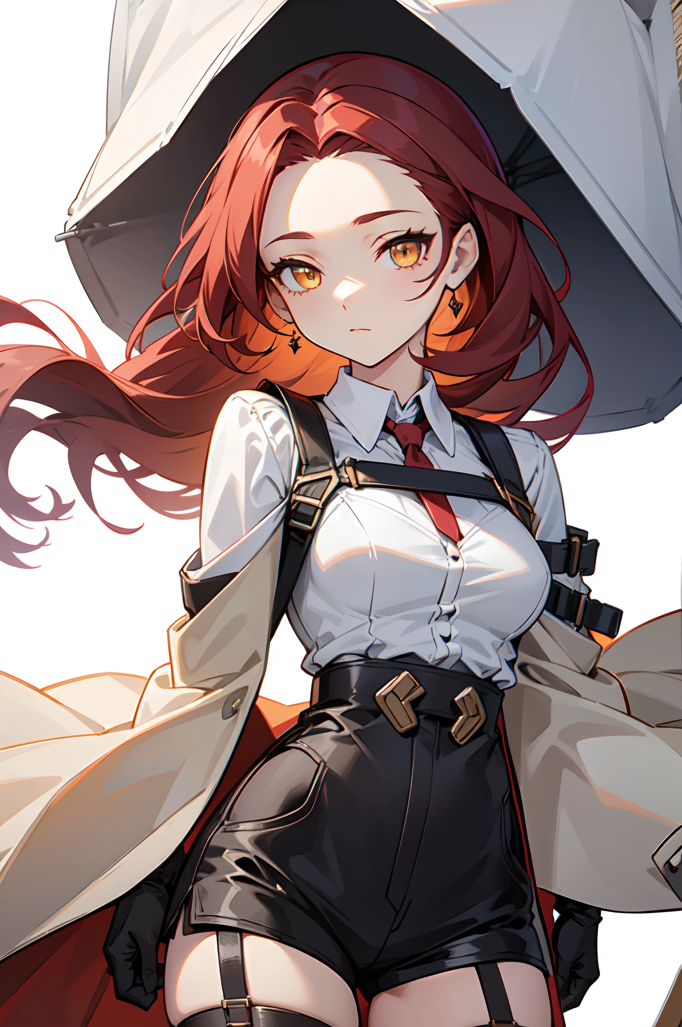 1girl, young woman, solo, from below, cowboy shot, scarlet red hair, long hair, big hair, (forehead), yellow eyes, medium breasts, neutral, (overcoat, black coat, open coat:1.15), white shirt, collared shirt, (chest harness, shoulder strap:1.15), black shorts, garter belt, thighighs, gloves, elegant, hands behind back, looking at viewer, simple background, transparent background, standing,, ((close-up)), face only, masterpiece, best quality, 4k