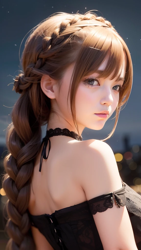 masterpiece、top-quality、in 8K、Raw photo、(Photorealsitic: 1.4)、ultra-detailliert、hight resolution、finely detail、独奏、(1girl in:1.4)、Braiding、(real looking skin:1.2)、beautiful a girl、Perfect figure、extremely detailed eye and face、Ultra-detailed and beautiful eyes、a smile:1.4、Off-the-shoulder dresses、breastsout:1.2、blurry backround、Night city