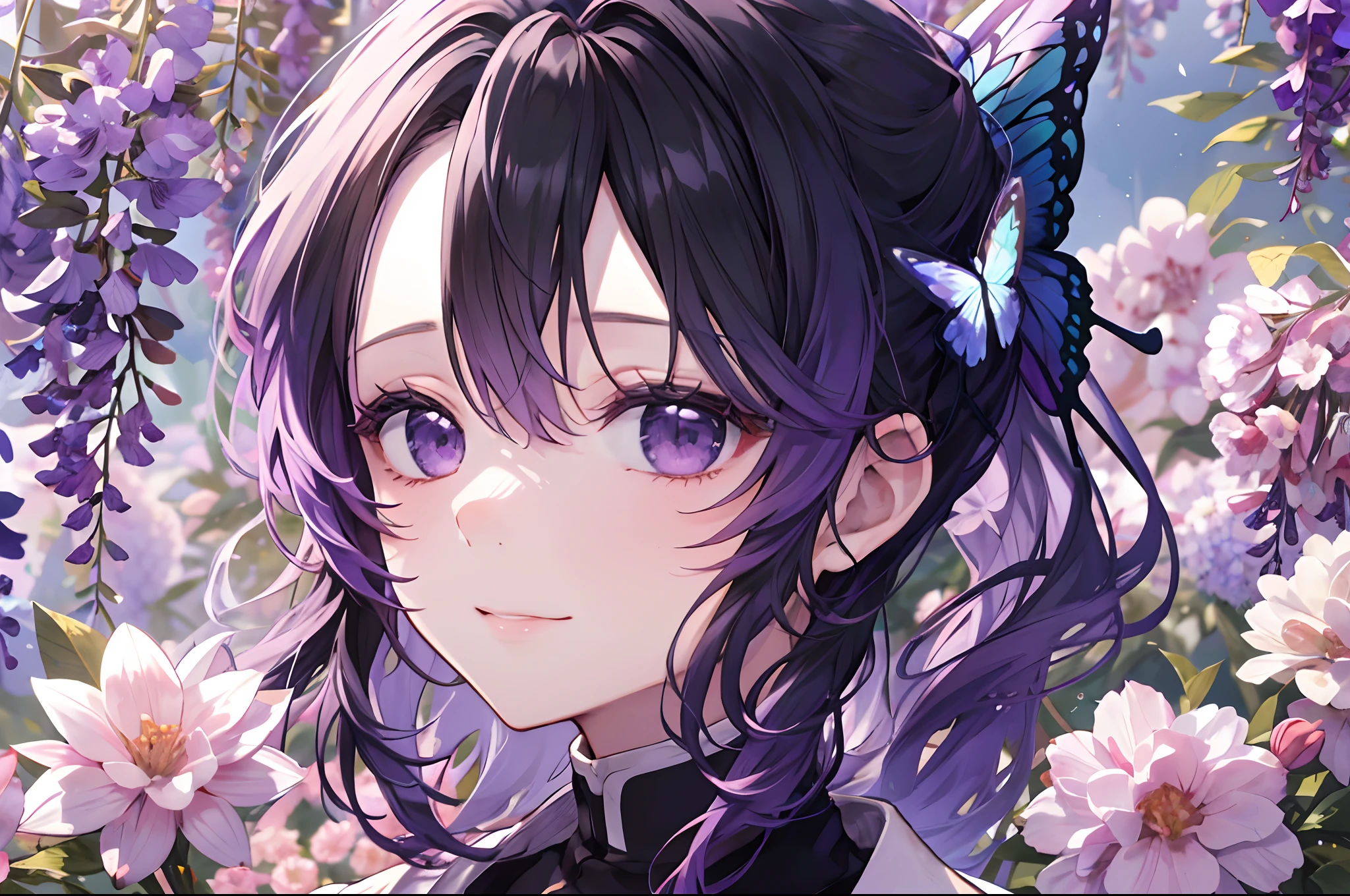 masterpiece, top-quality, hight resolution, 1girl in, 独奏, kochou shinobu, butterfly hair ornament, a purple eye, O cabelo multicolorido, shorth hair, Tie your hair,partedbangs, haori, Long sleeve, Wide sleeves, Black jacket, A smile, is standing, purple flower, Wisteria Garden,Butterflies flutter by,up of face,detailed face depiction,Beautiful facial features,dark sky,Turn to this,