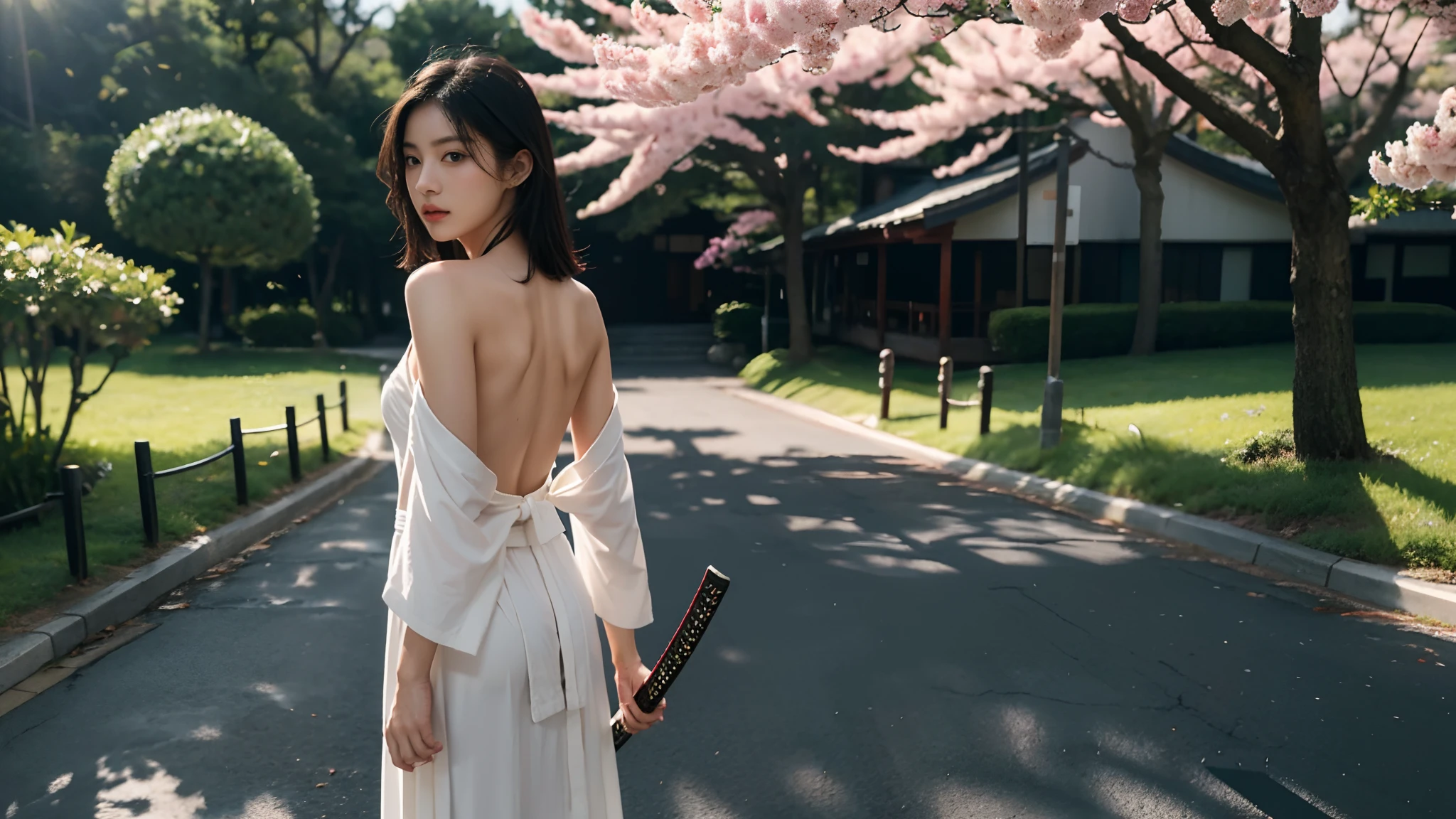 ((small underboob,Tomboyish,small heads)),  (short-length straighthair: 1.2), Black hair，Upper body,（极其细致的CG 8k壁纸），（Extremely refined and beautiful），（Masterpiece），（best qualtiy：1.0），（超高分辨率：1.0），beautiful light up，Perfect lightning，realistic shaded，[A high resolution]，Smooth and flawless fair skin，ultra - detailed ，(small breasts:1.1)，flat chest，slim，thin，slender waist，serious，Mighty，（seven quarter sleeved white kendogi:1.1），no bra，（maxi red kendo hakama：1.1），white short socks, geta，spring,night scene，a tall huge Japanese castle，sakura blooms，standing，outside，Tree-lined roadsides，Close-up，cowboy shot，(a long naked samurai katana:1.1)，Holding the katana handle with both hands，Wielding the samurai katana，Facing the viewer on the back，Looking back at the viewer，from back，off shoulders，Bare shoulders