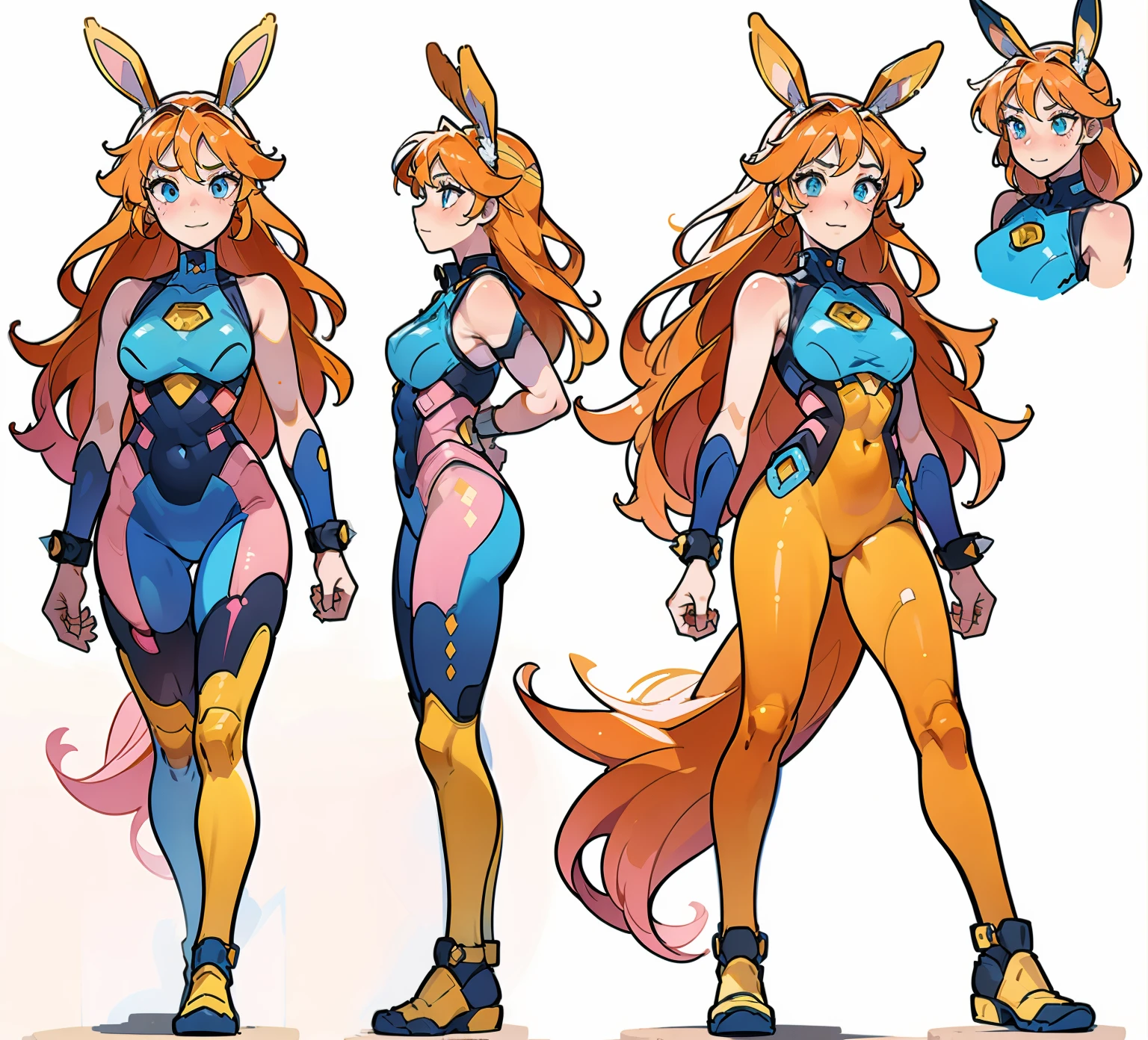 ((Best Quality)), ((Masterpiece)), ((Realistic)) tsuka kendou, 1woman, cute face, determined look, smile, long legs, full body, adult mature female (spiky orange-pink hair, (orange-pink mullet 1.1)), (very long hair), blue eyes, (white/yellow pupil,) hero, sleeveless blue spandex bodysuit, long orange-pink rabbit ears, desert oasis, tbcc illustration (((detailed character sheet, frontal view, side view, three quarter view))) (((white background))) 8 and a half heads full body