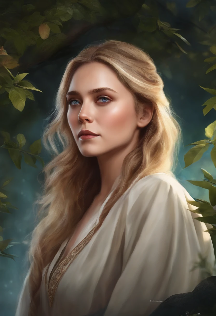 Perfect face, Charlize Theron is a very beautiful woman, a Viking warrior sitting near a fire at dawn in the middle of a forest on the edge of a stream, the vegetation is green and the lights pass through the leaves of the trees, a soft mist covers the environment, white and gold clothes and black details, Celtic tattoos for the body. Cartoon style, colorful, two-dimensional