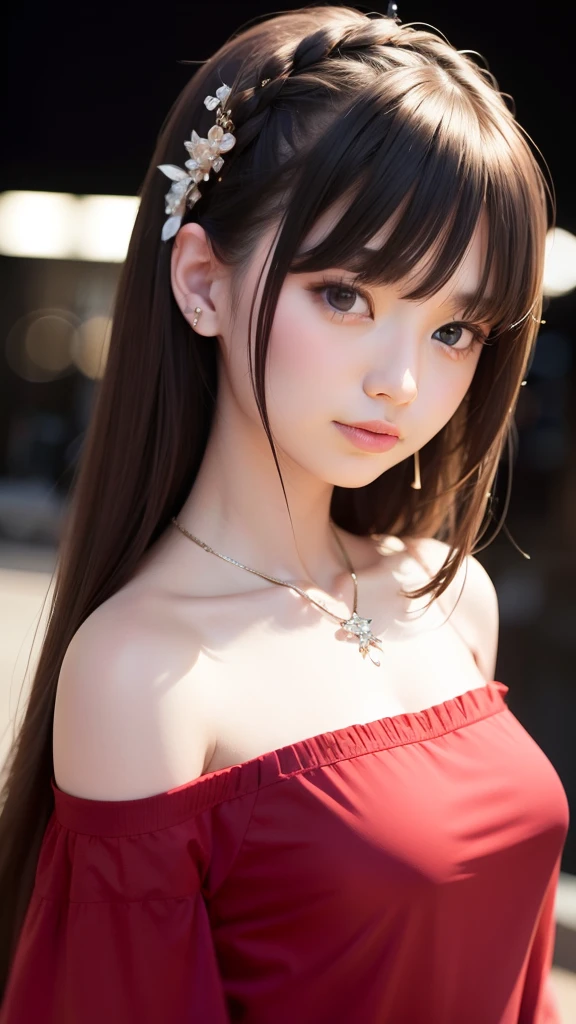 ​masterpiece、top-quality、in 8K、Raw photo、(Photorealsitic: 1.4)、ultra-detailliert、hight resolution、finely detail、独奏、(1girl in:1.4)、length hair、(real looking skin:1.2)、beautiful a girl、Perfect figure、extremely detailed eye and face、Ultra-detailed and beautiful eyes、a smile:1.4、Luxurious necklace、Red off-the-shoulder dress、blurry backround、Night city