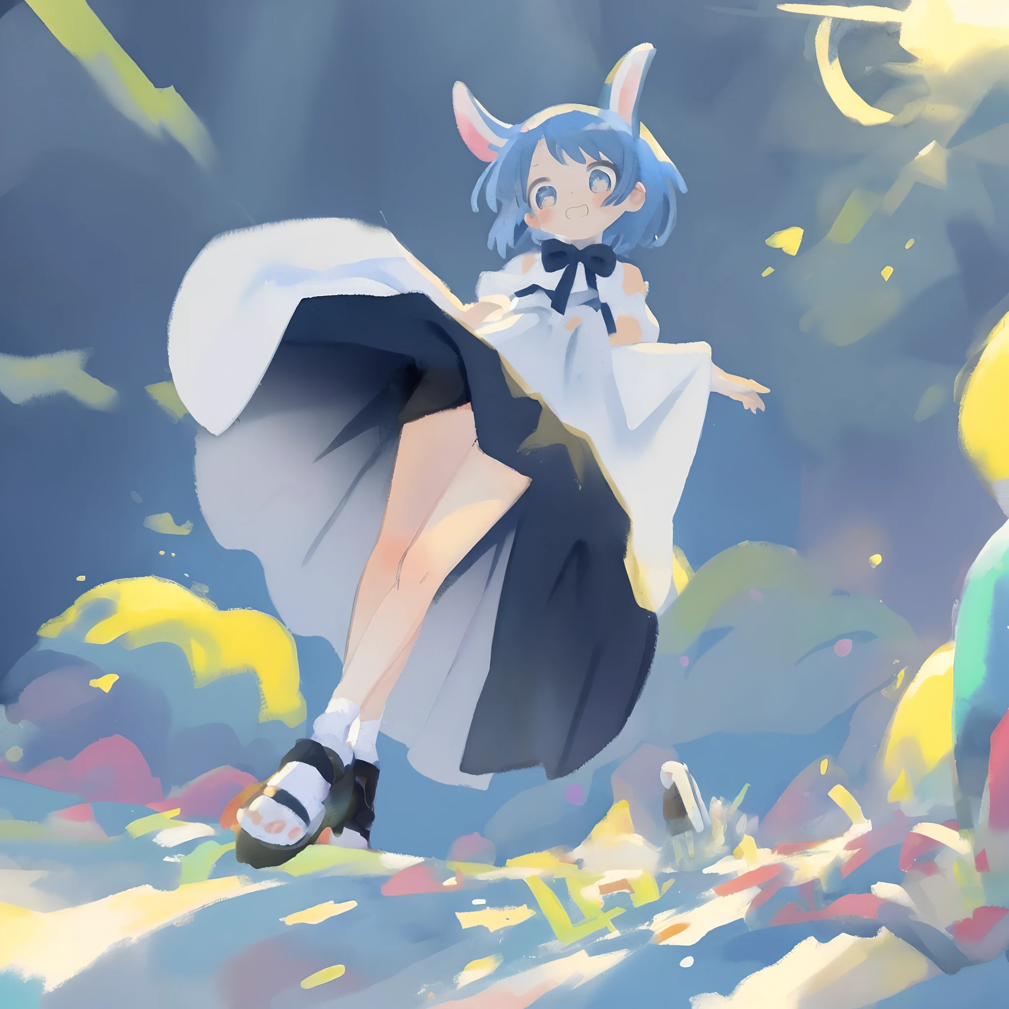 (best qualtiy)、(masterpiece:1.2)、(colourfull:0.9)、((Ink splashing))、(Color scattering)、(watercolor paiting)、Crisp focus、model shot, hight resolution, (Anime style:1.1), ((masutepiece)), ((Best Quality)), (Ultra-detailed), (Beautiful), 独奏, Beautiful face、(liftup),12year old、cosmic space、beauttiful stars々、Cute girl in rabbit costume standing on the moon looking at the earth、girl with、Light blue colorful hair, Colorful eyes,Looking at Viewer,Lens Flare,Dramatic, Coastal、(Lifted skirt)、full body Esbian、(Low position,From below:1.3)、Detailed universe、PastelColors
