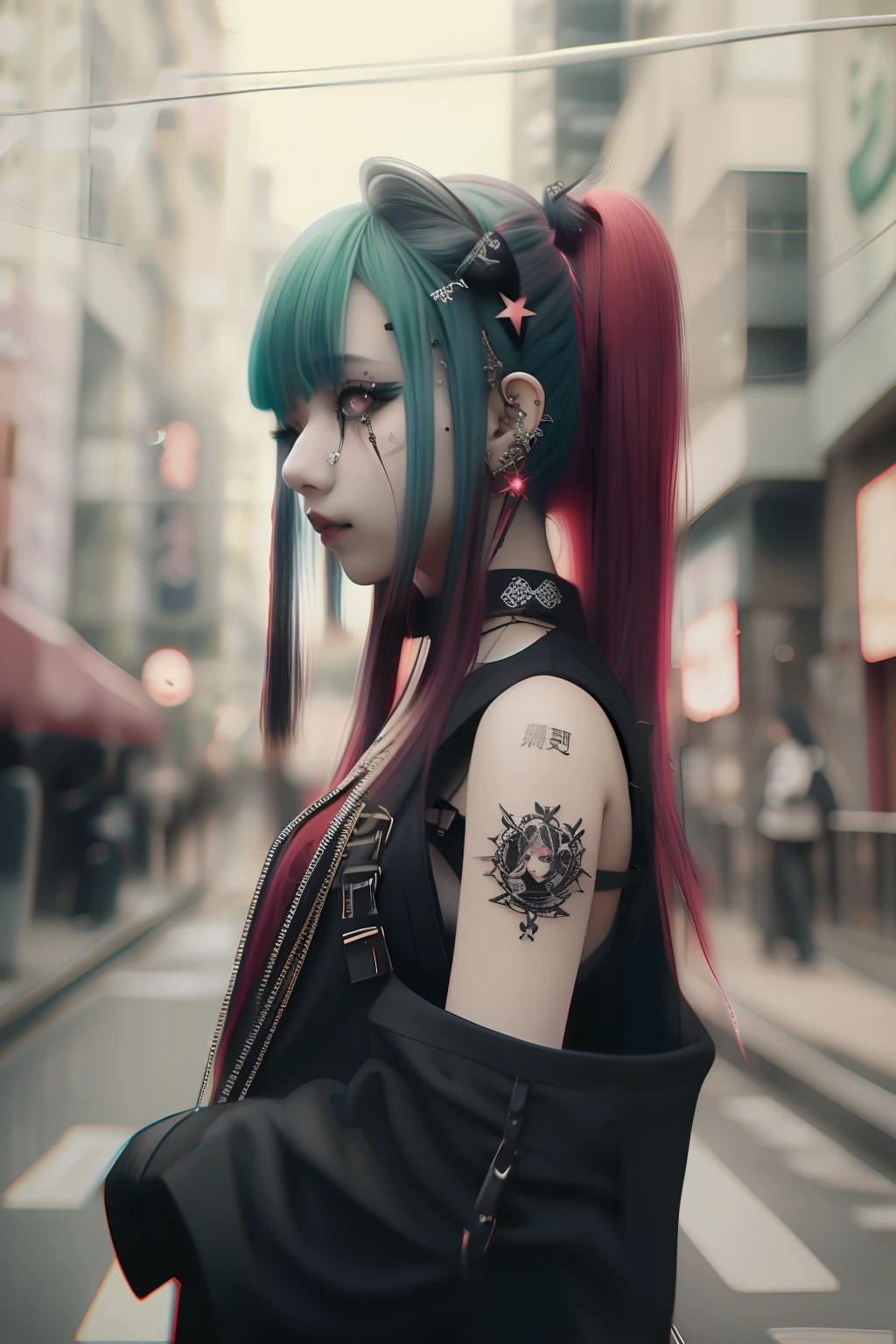 miku hatsune、Green hair、The bikini、Sleeveless、The tattoo、bright red、Really red、Red、Red-haired、rot、red hairs、head phone、🎧、goth_punk, 1girl in, 独奏, medium shot, Walking in Harajuku, ((during night)), bokeh dof, Neon light, Iridescent eyes, starrysky, red glowing hair, Black eyebrows, Radiant hair, (iridescent red hair), 耳Nipple Ring, bangss, jewely, bluntbangs, verd s eyes, blurry backround, bblurry, hair adornments, Look at viewers, shorth hair, portraitures,